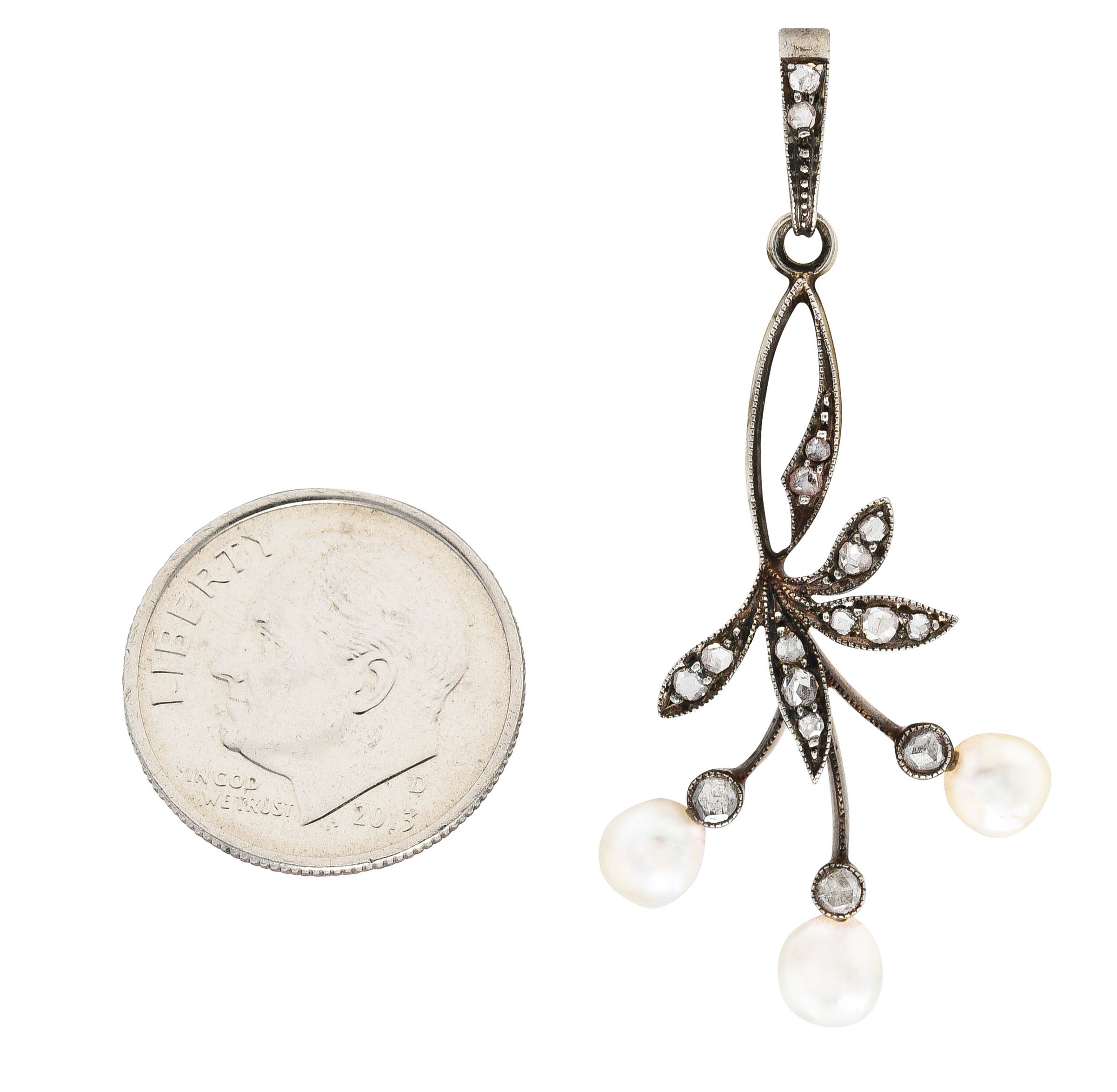 1860's Victorian Diamond Pearl Silver-Topped 18 Karat Gold Berry & Foliate Pendant Wilson's Antique & Estate Jewelry
