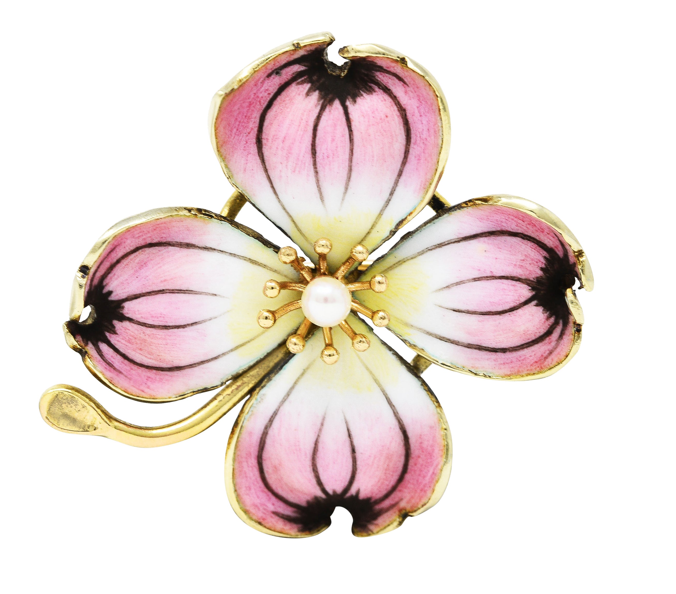 Crane & Theurer Art Nouveau Pearl Enamel 14 Karat Yellow Gold Antique Flower Brooch Wilson's Estate Jewelry