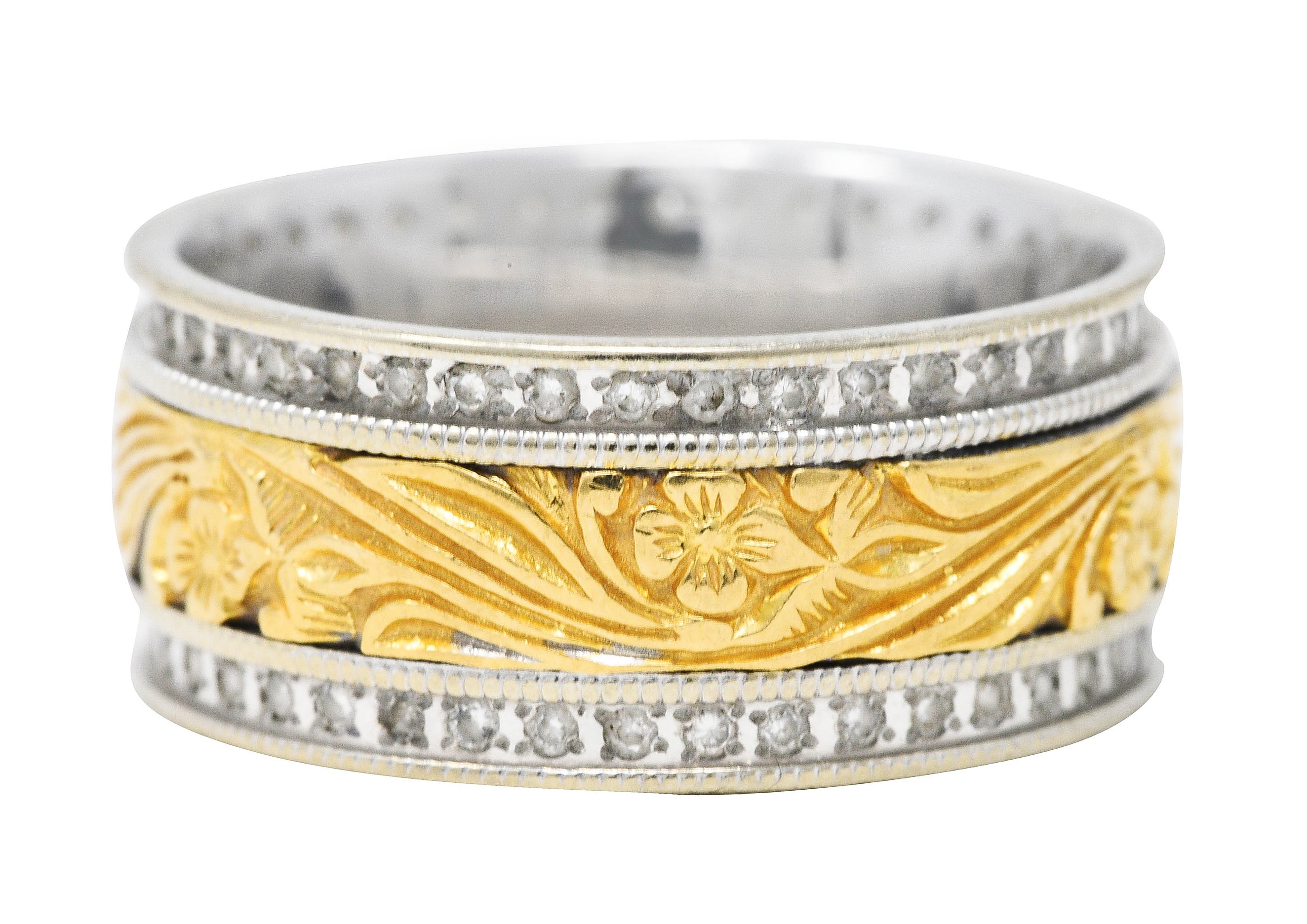 Frederick Goldman 1.00 CTW Diamond 14 Karat Two-Tone Gold Unisex Flower Band Ring Wilson's Antique & Estate Jewelry