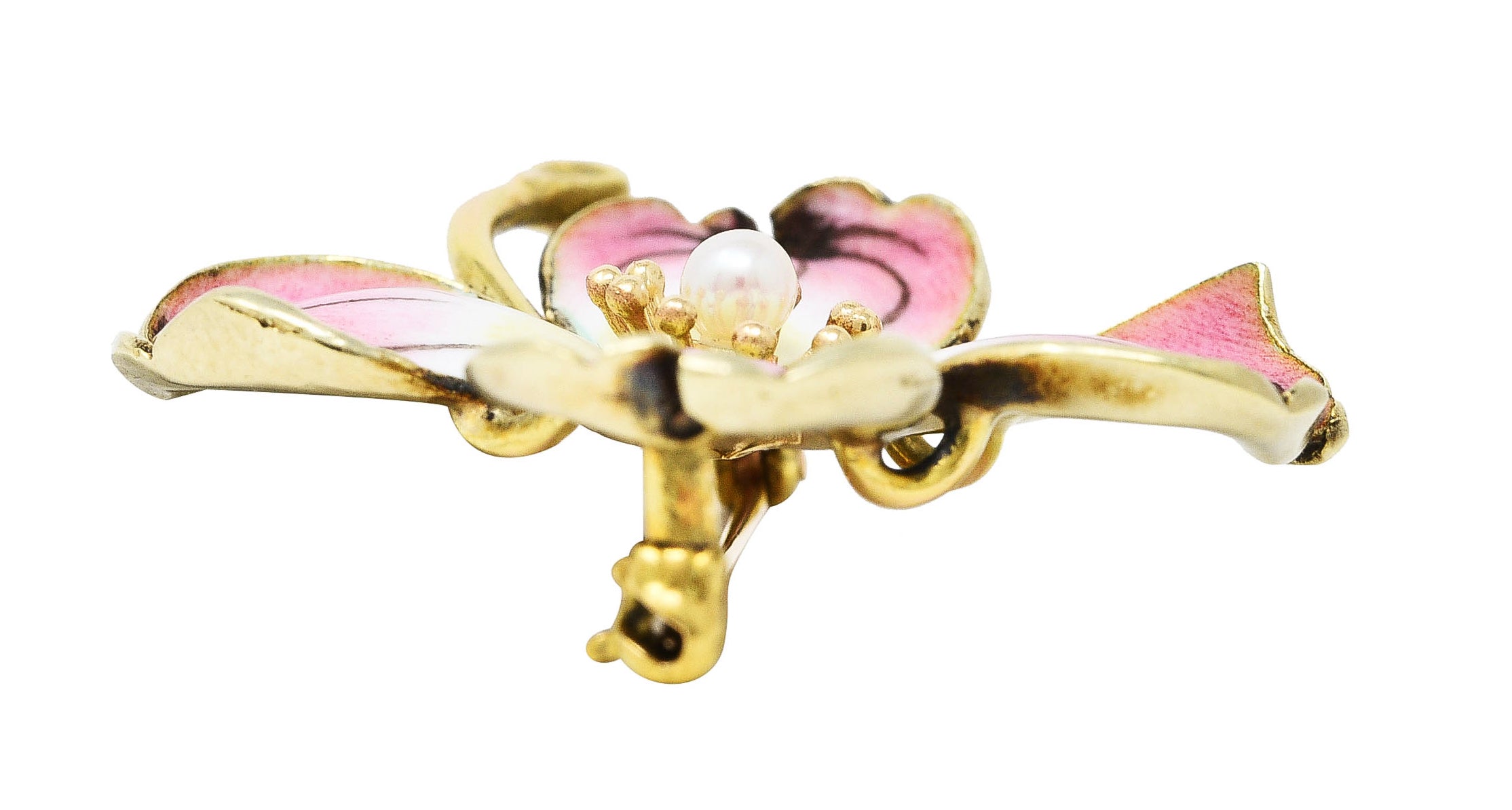 Crane & Theurer Art Nouveau Pearl Enamel 14 Karat Yellow Gold Antique Flower Brooch Wilson's Estate Jewelry