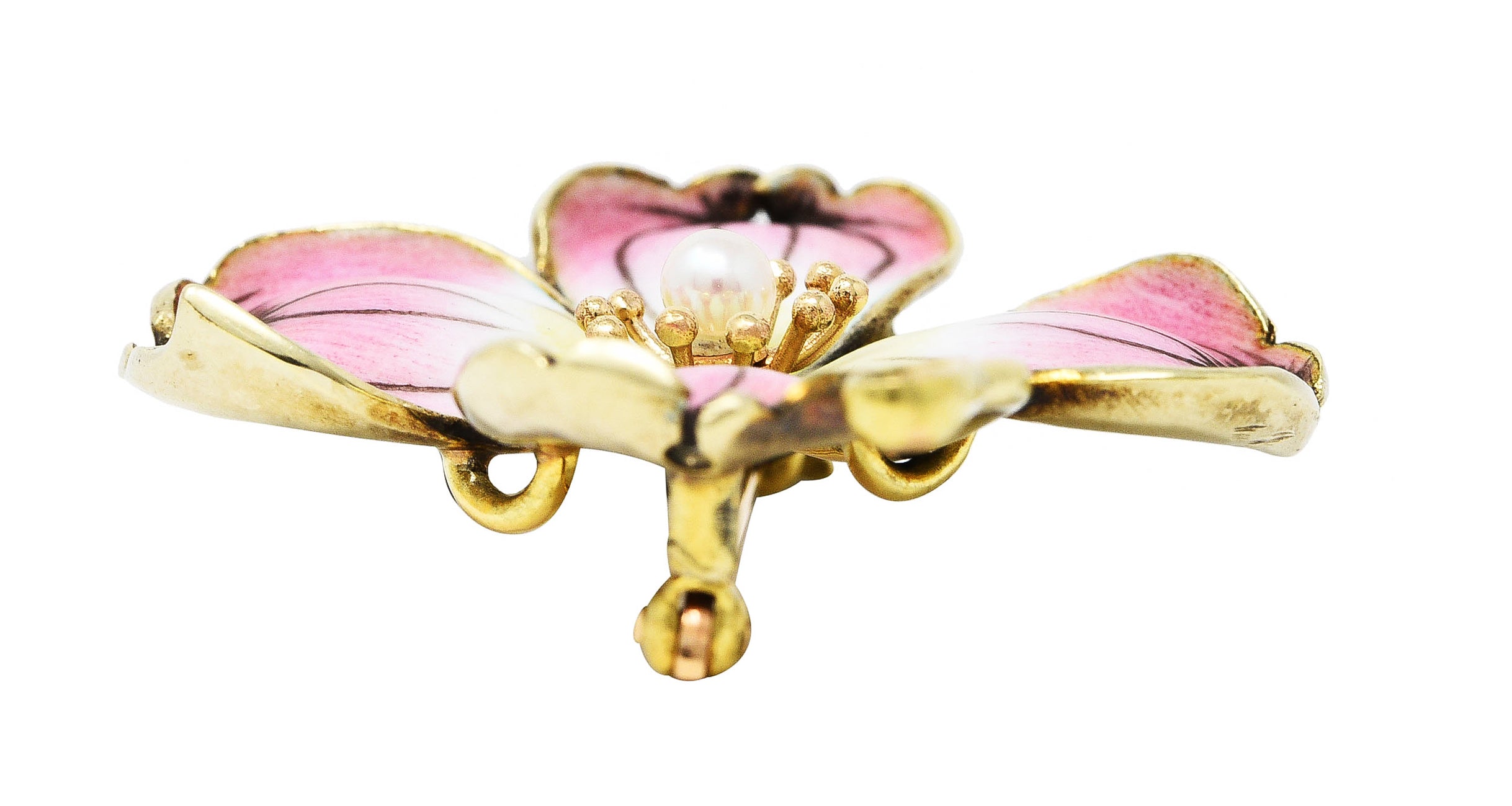 Crane & Theurer Art Nouveau Pearl Enamel 14 Karat Yellow Gold Antique Flower Brooch Wilson's Estate Jewelry