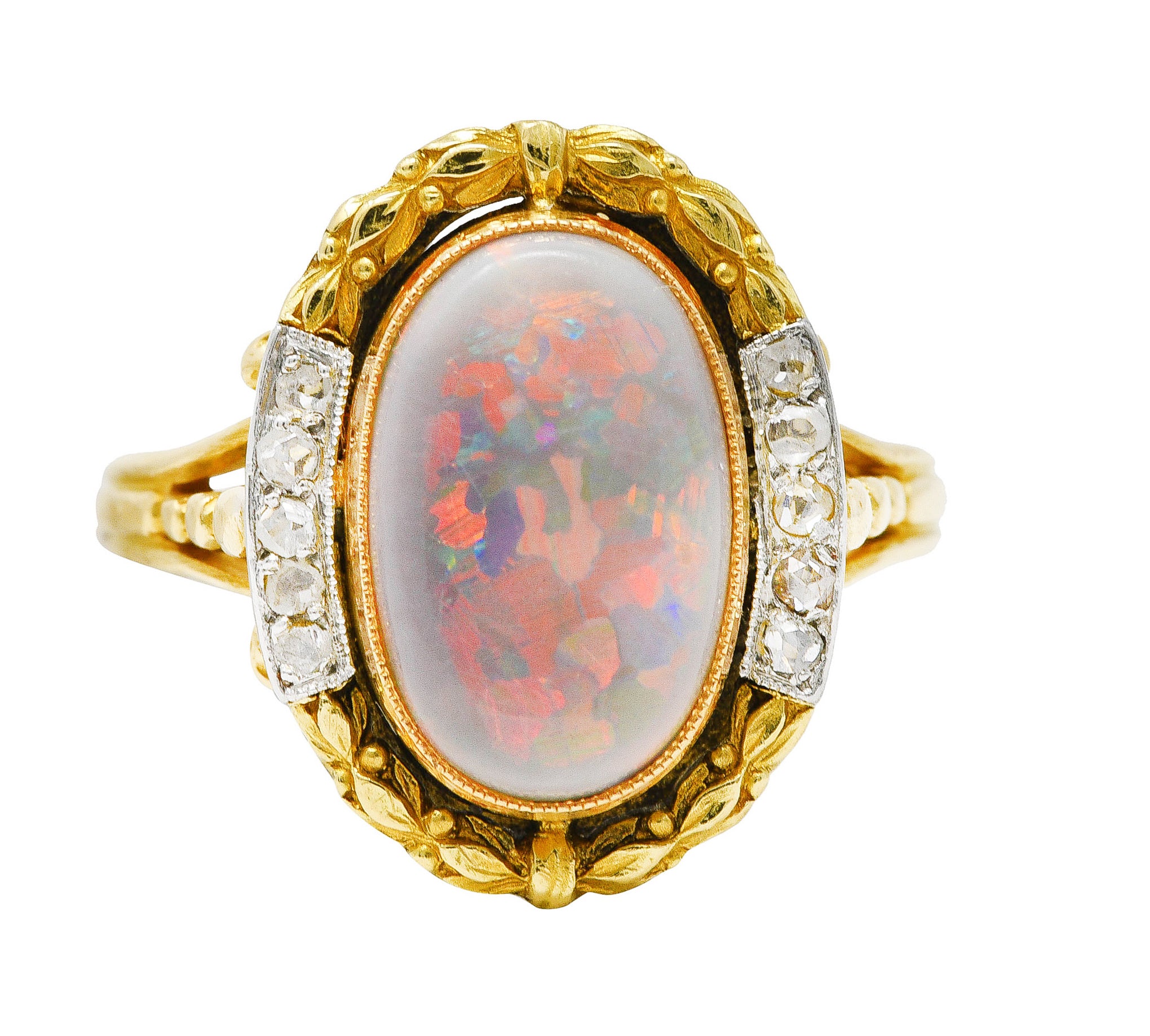 French Victorian Opal Diamond Platinum-Topped 18 Karat Yellow Gold Laurel Antique Ring Wilson's Estate Jewelry