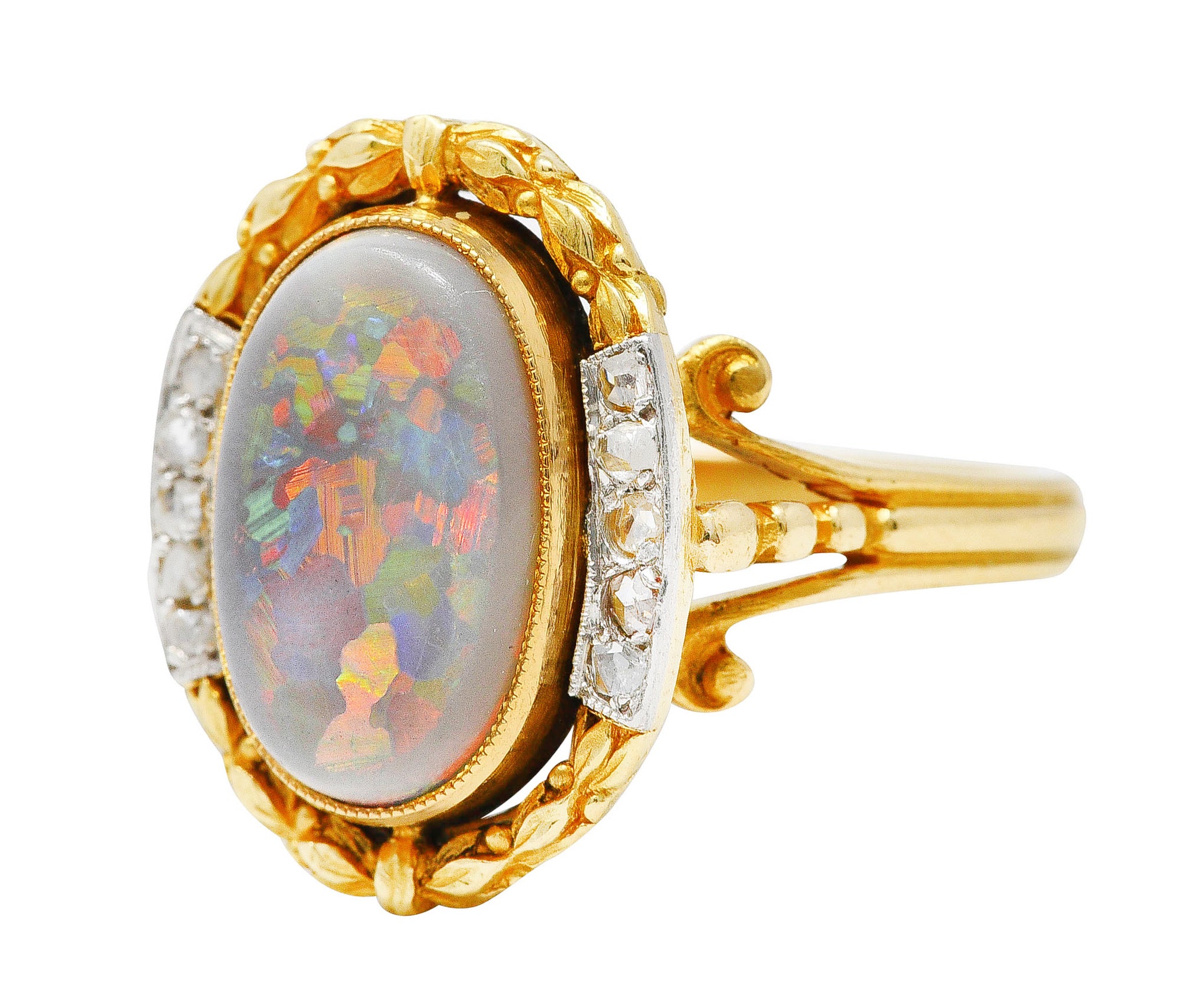 French Victorian Opal Diamond Platinum-Topped 18 Karat Yellow Gold Laurel Antique Ring Wilson's Estate Jewelry