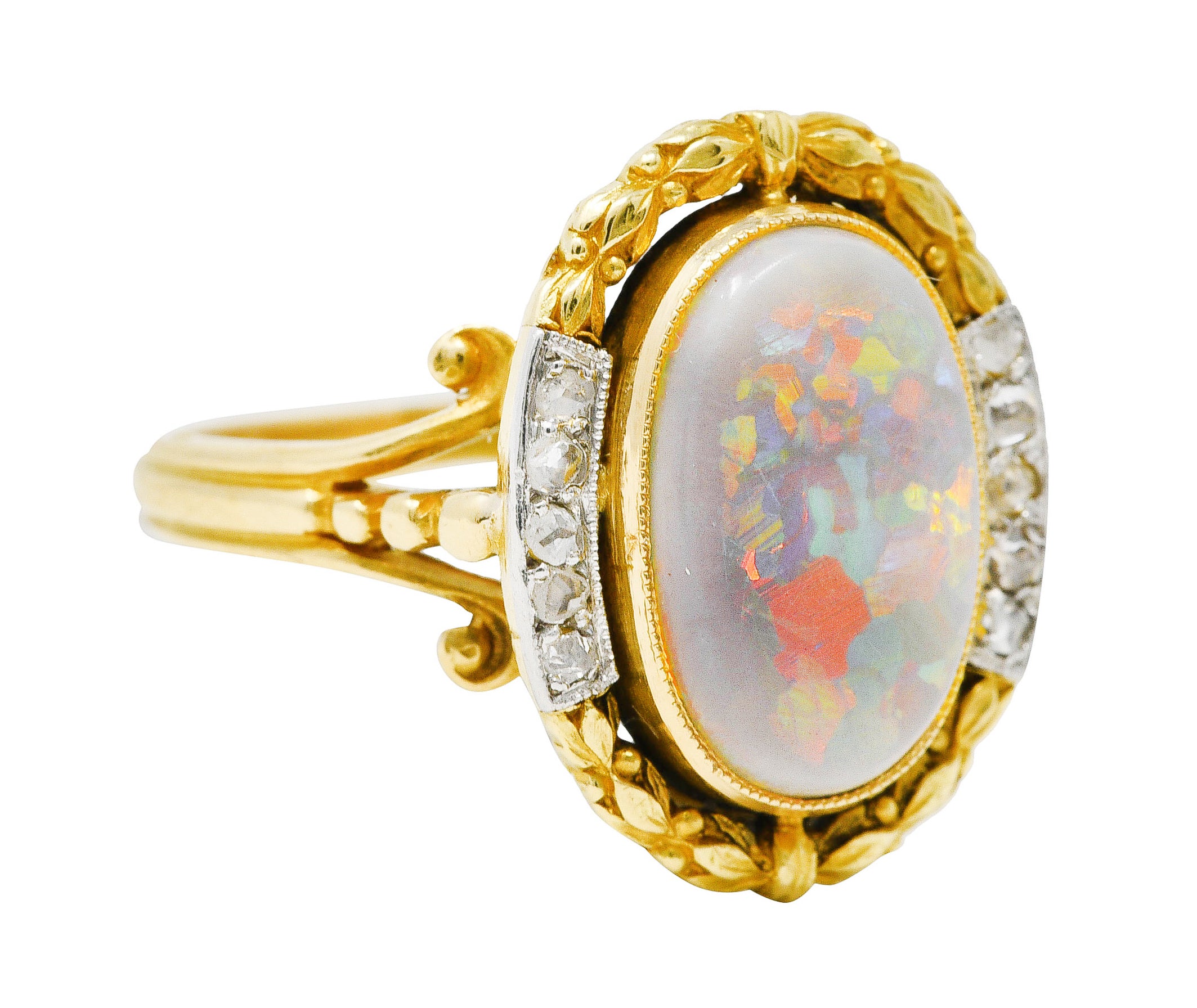 French Victorian Opal Diamond Platinum-Topped 18 Karat Yellow Gold Laurel Antique Ring Wilson's Estate Jewelry