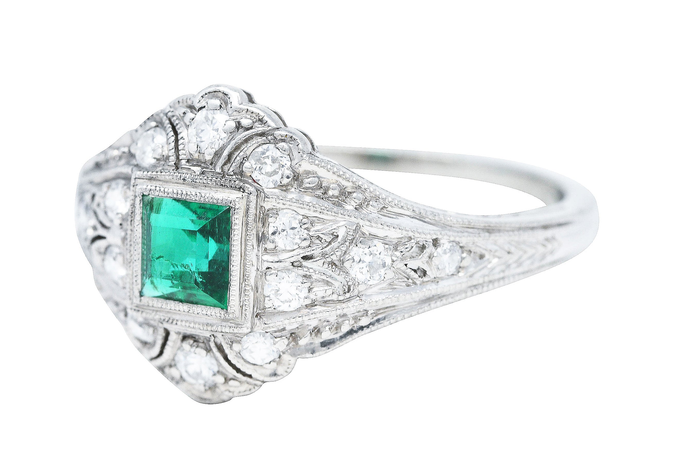 Art Deco Tiffany & Co. Emerald Diamond Platinum Dinner Alternative Ring Wilson's Estate Jewelry