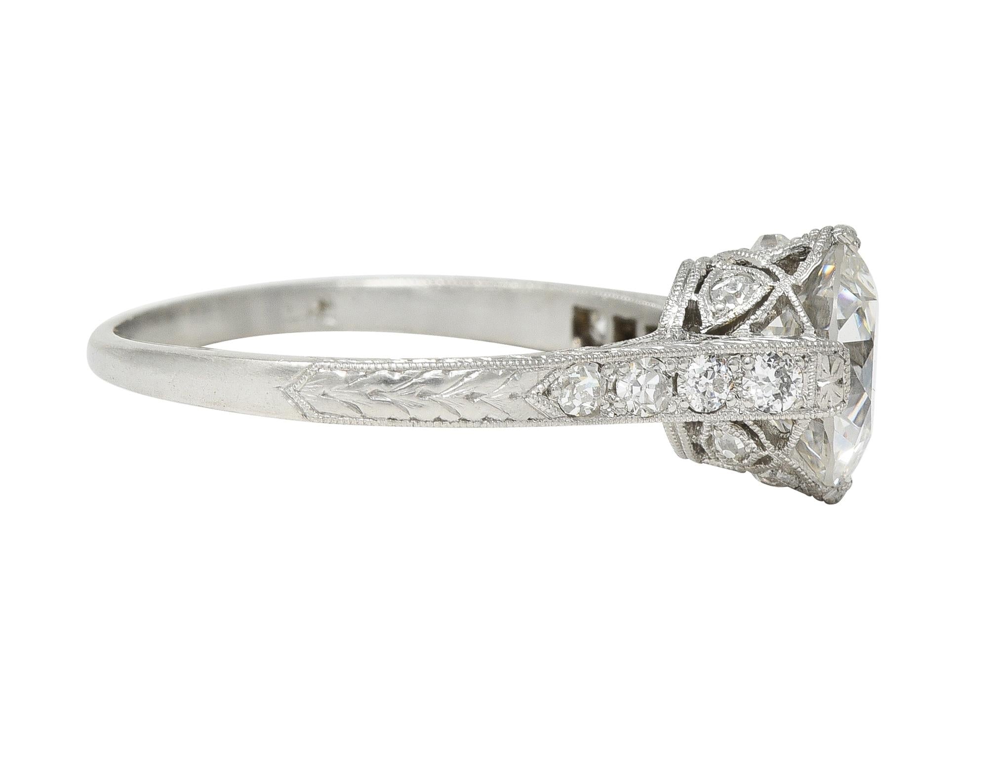 Art Deco 1.75 CTW Old European Cut Diamond Platinum Lotus Engagement Ring GIA