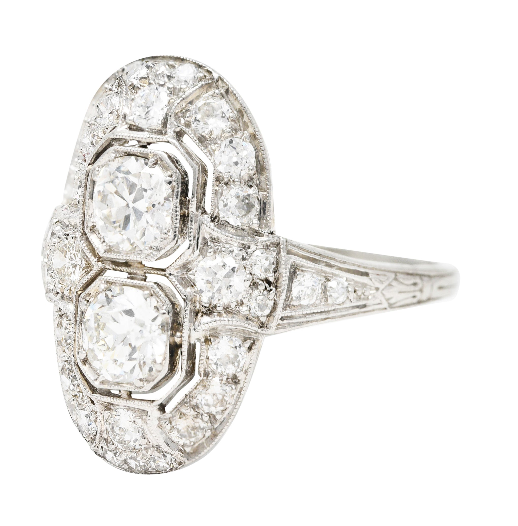 Art Deco 1.60 CTW Old European Cut Diamond Platinum Two Stone Halo Dinner Ring Wilson's Estate Jewelry