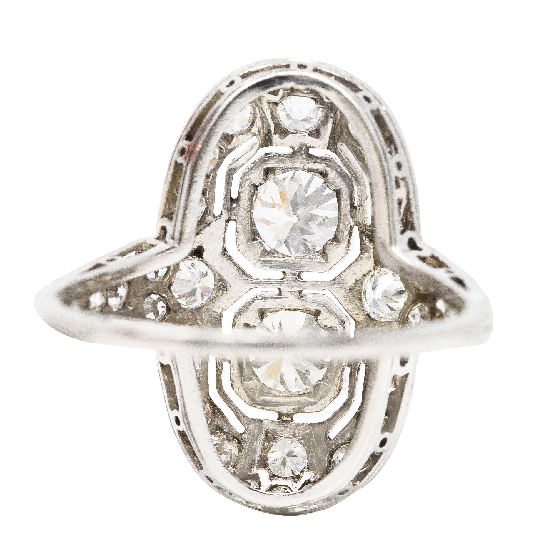 Art Deco 1.60 CTW Old European Cut Diamond Platinum Two Stone Halo Dinner Ring Wilson's Estate Jewelry