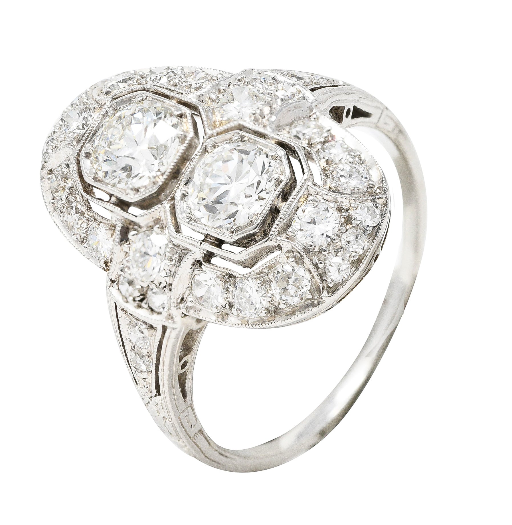 Art Deco 1.60 CTW Old European Cut Diamond Platinum Two Stone Halo Dinner Ring Wilson's Estate Jewelry