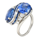 Mid-Century 10.59 CTW No Heat Ceylon Sapphire Diamond Platinum Bypass Ring GIA