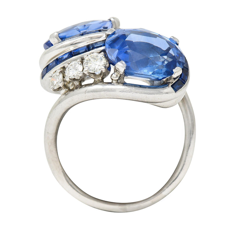 Mid-Century 10.59 CTW No Heat Ceylon Sapphire Diamond Platinum Bypass Ring GIA