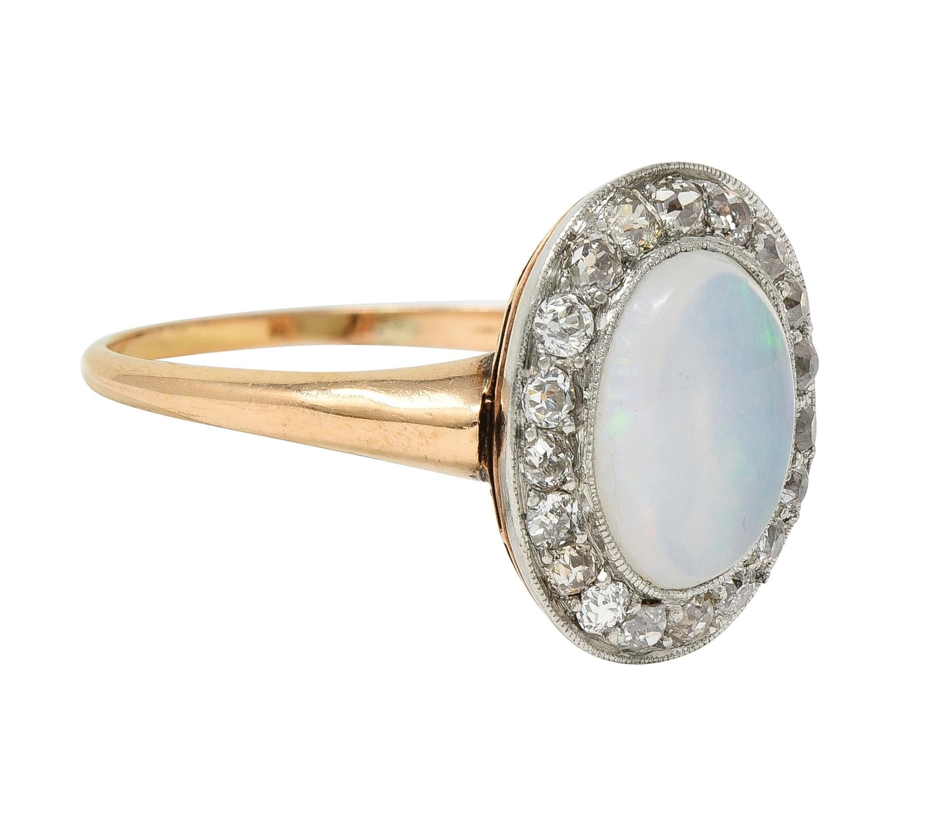 Edwardian Jelly Opal Diamond Platinum 18 Karat Rose Gold Antique Halo Ring