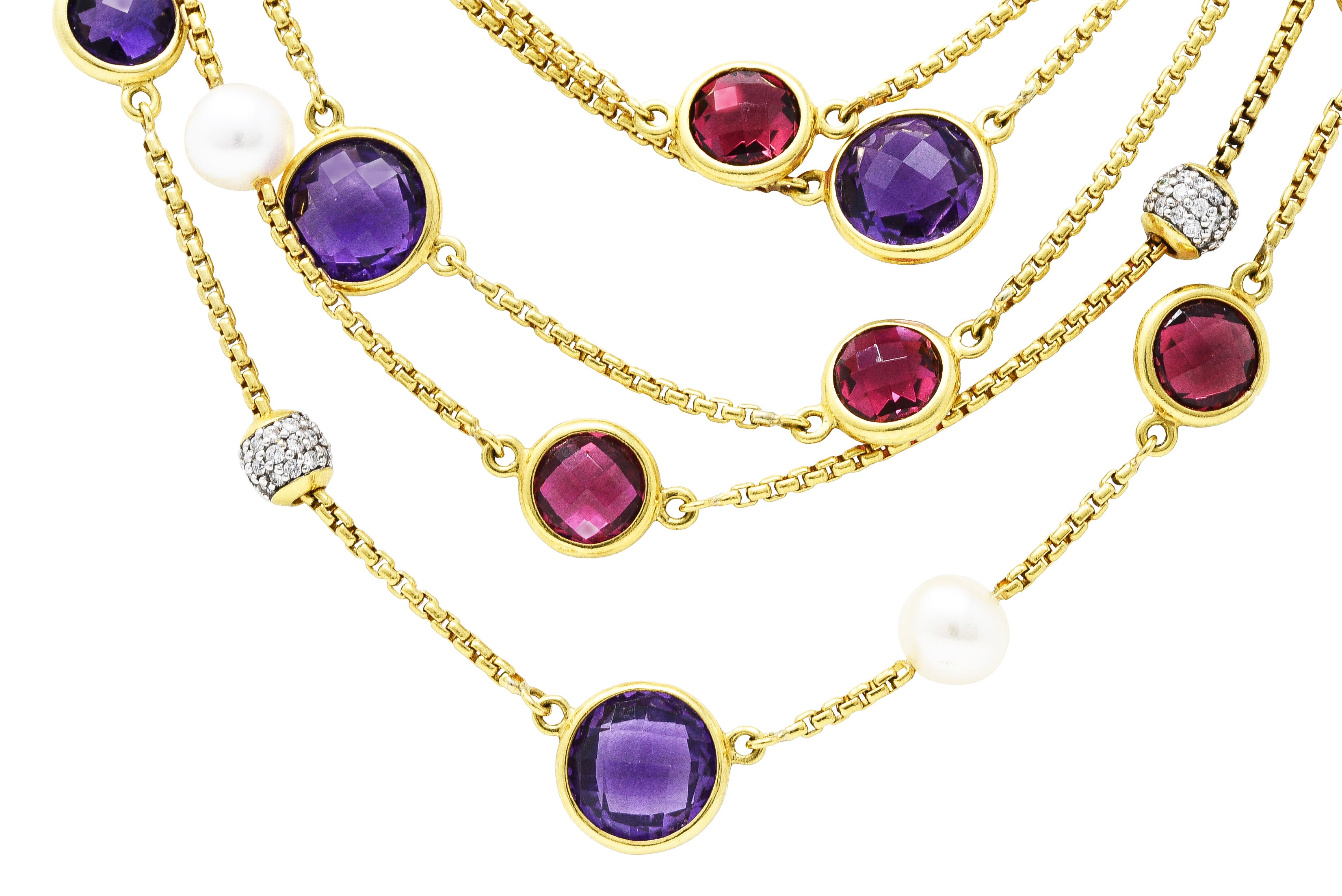 David Yurman Amethyst Pink Tourmaline Pearl Pave Diamond 18 Karat Gold Multi-Strand Necklace Wilson's Estate Jewelry