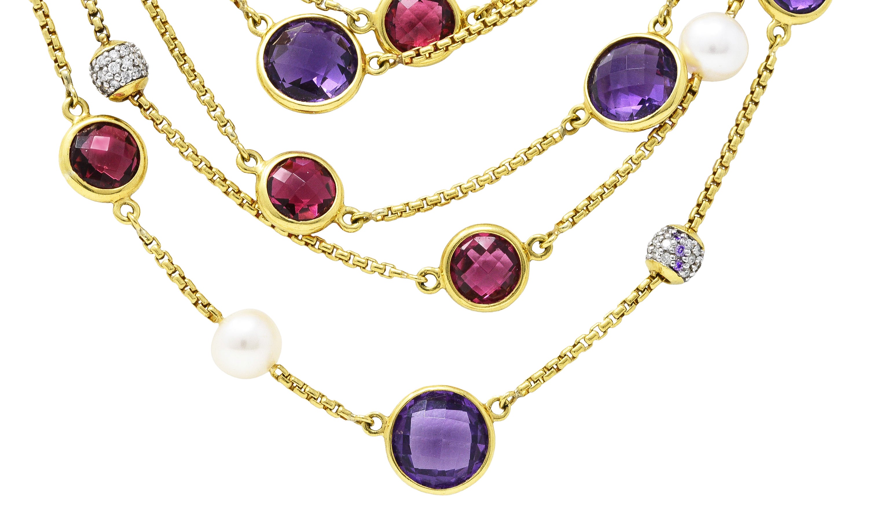 David Yurman Amethyst Pink Tourmaline Pearl Pave Diamond 18 Karat Gold Multi-Strand Necklace Wilson's Estate Jewelry