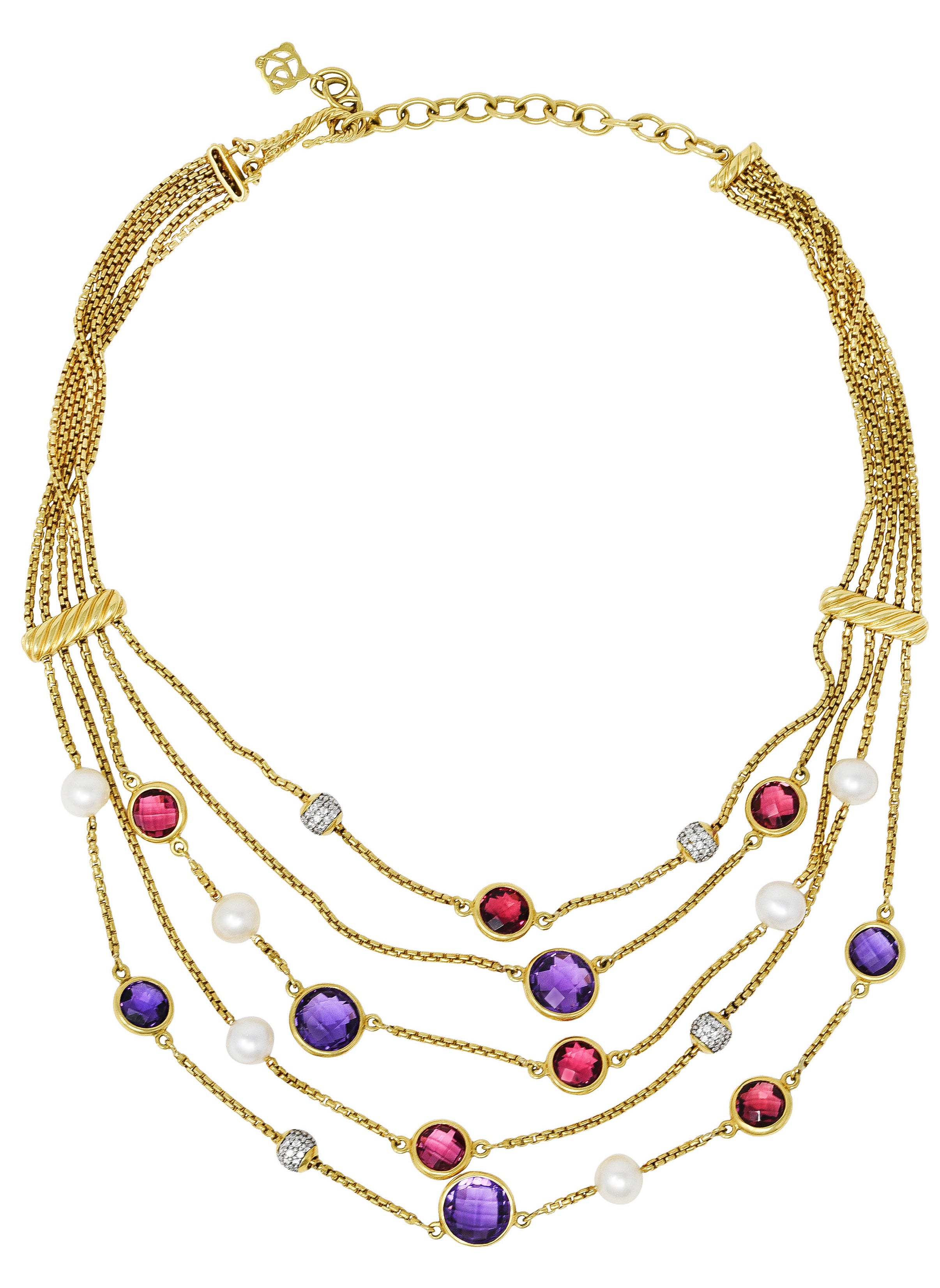 David Yurman Amethyst Pink Tourmaline Pearl Pave Diamond 18 Karat Gold Multi-Strand Necklace Wilson's Estate Jewelry