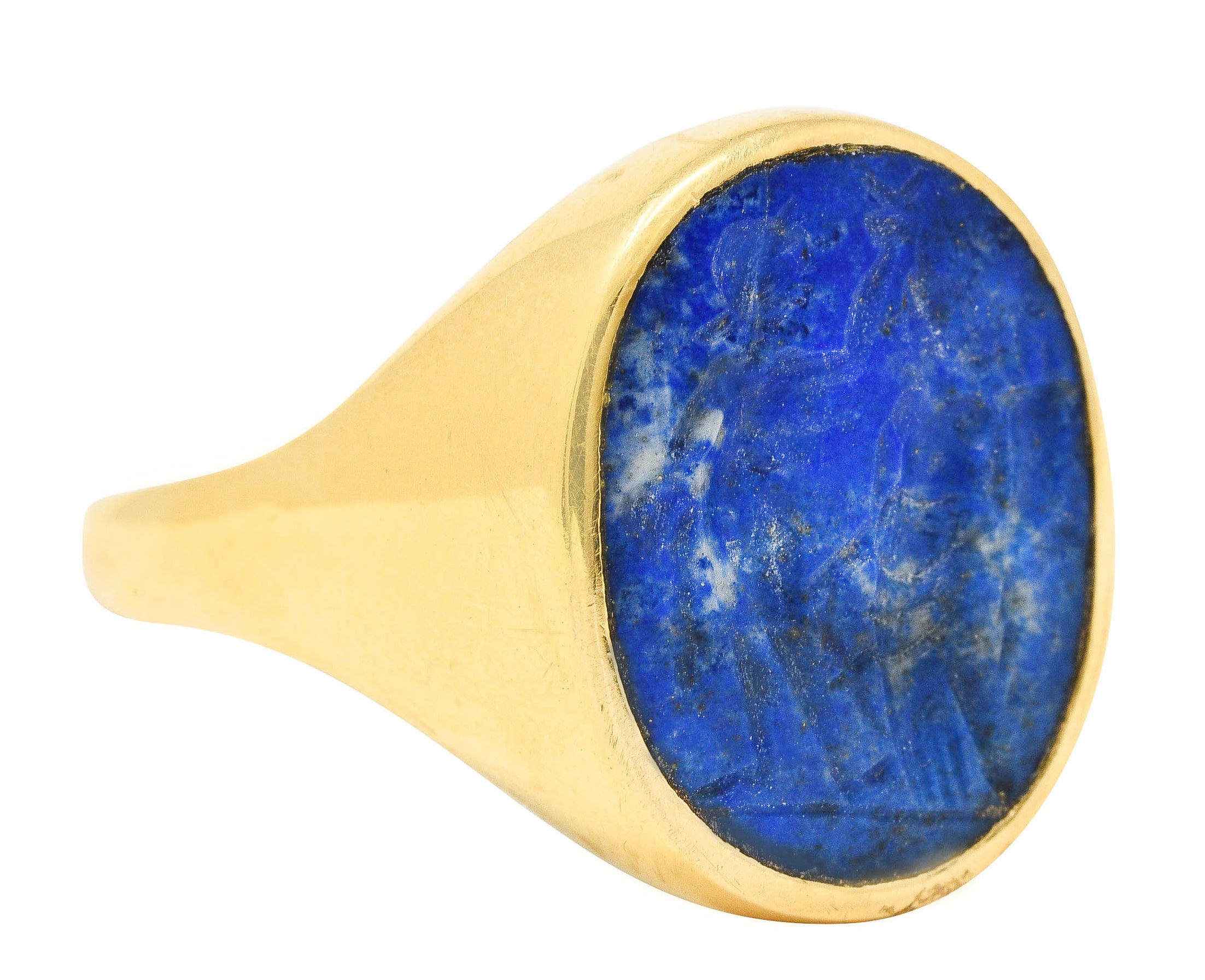 Vintage Italian Lapis Lazuli 18 Karat Yellow Gold Unisex Intaglio Signet Ring Wilson's Estate Jewelry