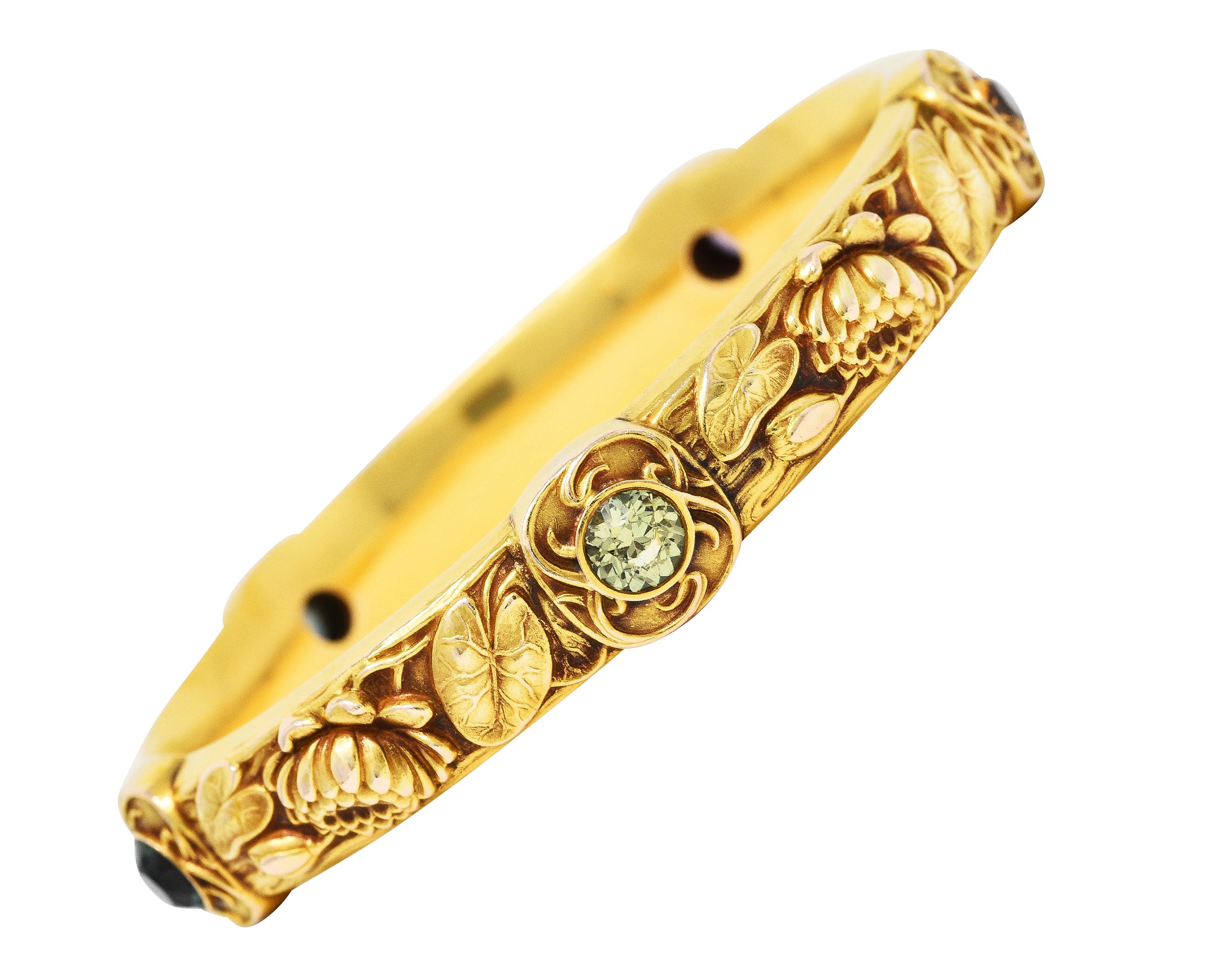 Schumann Son's Riker Bros. Art Nouveau Multi-Color Montana Sapphire 14 Karat Yellow Gold Floral Pad Lotus Antique Bangle Bracelet Wilson's Estate Jewelry