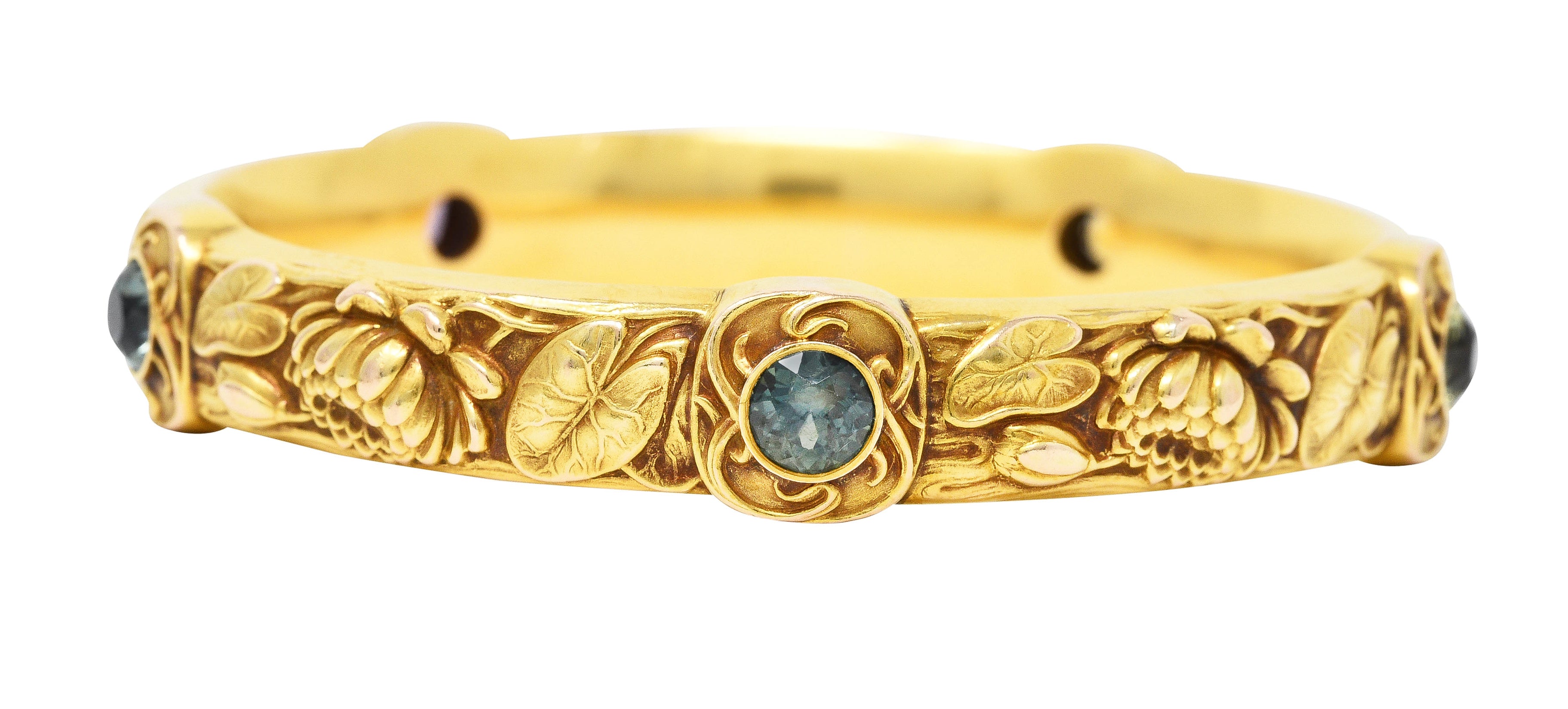 Schumann Son's Riker Bros. Art Nouveau Multi-Color Montana Sapphire 14 Karat Yellow Gold Floral Pad Lotus Antique Bangle Bracelet Wilson's Estate Jewelry