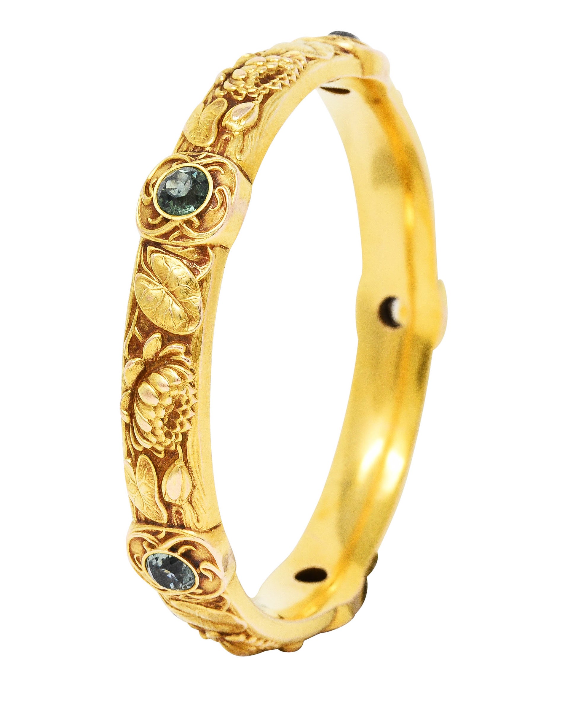 Schumann Son's Riker Bros. Art Nouveau Multi-Color Montana Sapphire 14 Karat Yellow Gold Floral Pad Lotus Antique Bangle Bracelet Wilson's Estate Jewelry