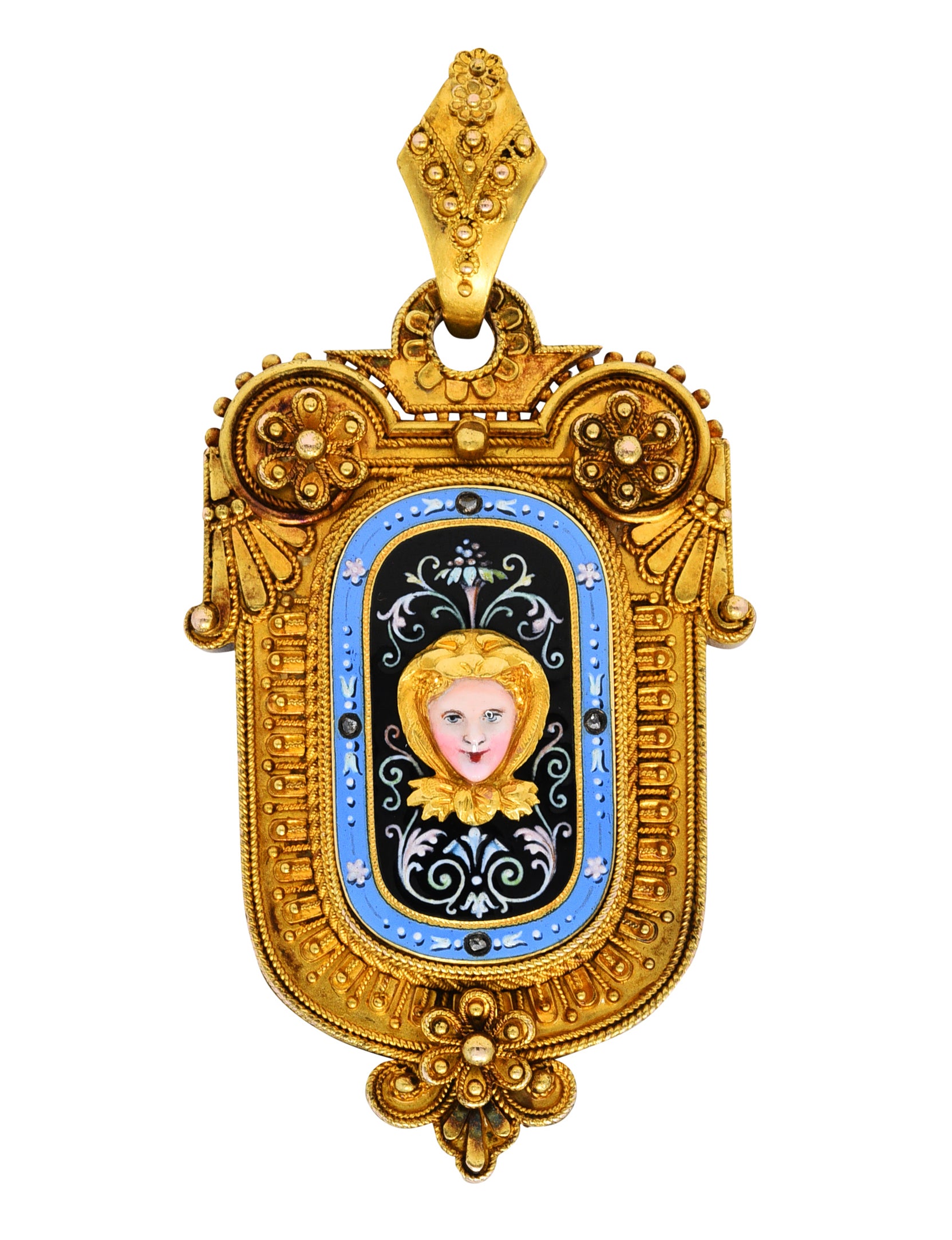 1870's Baroque Enamel Diamond 14 Karat Gold Mourning Locket Pendantcharm - Wilson's Estate Jewelry