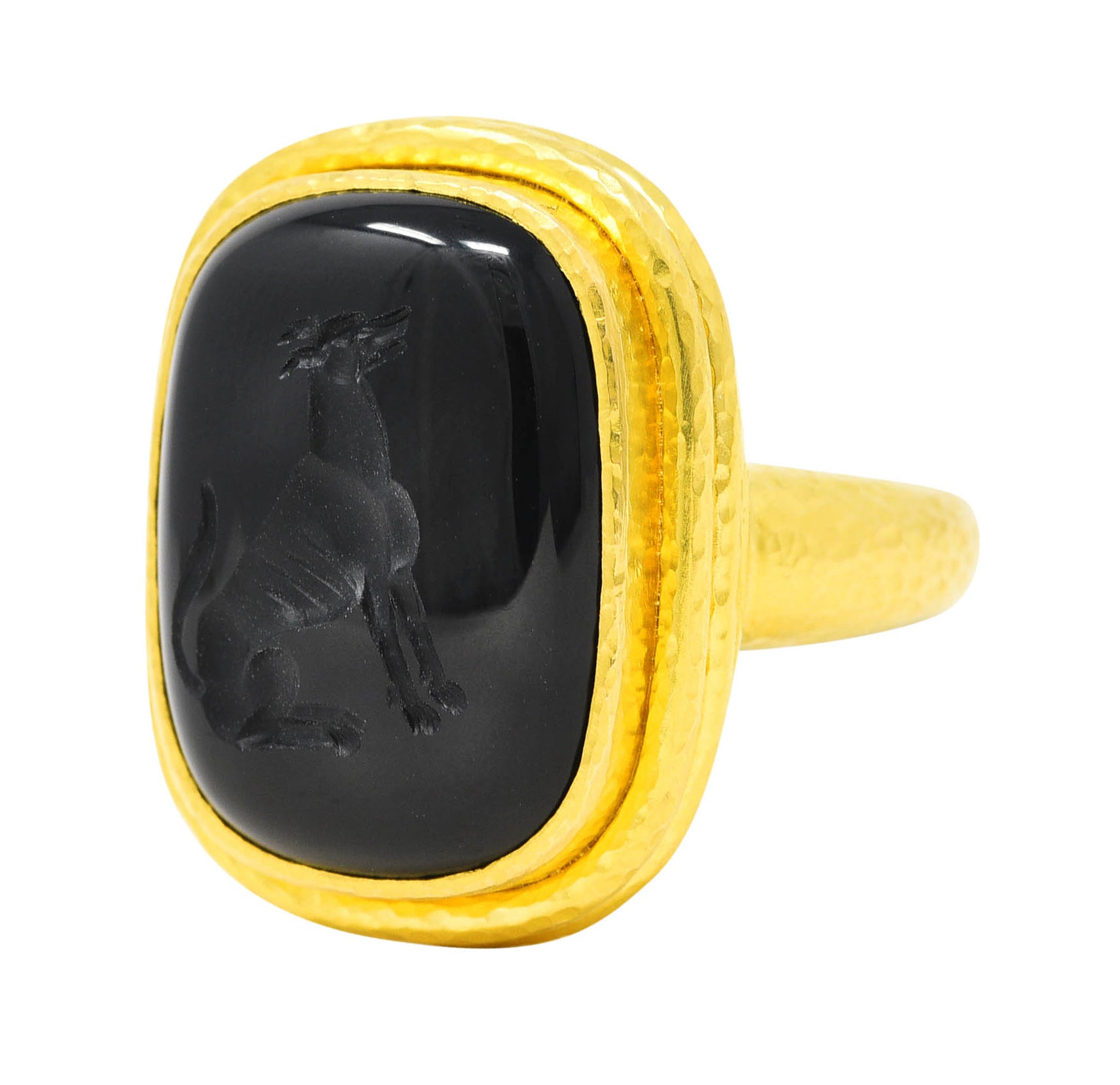 Elizabeth Locke Vintage Onyx 18 Karat Yellow Gold Dog Unisex Intaglio Signet Ring Wilson's Estate Jewelry