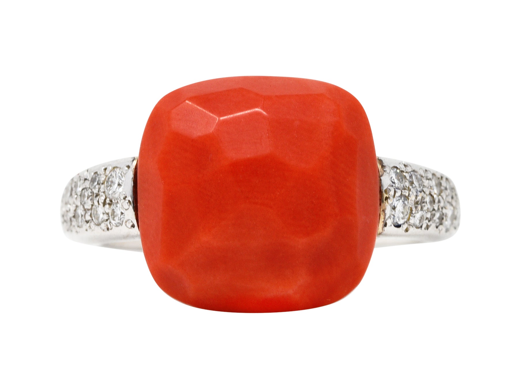 Pomellato Italian Coral Pave Diamond 18 Karat White Gold Capri Gemstone Ring Wilson's Estate Jewelry