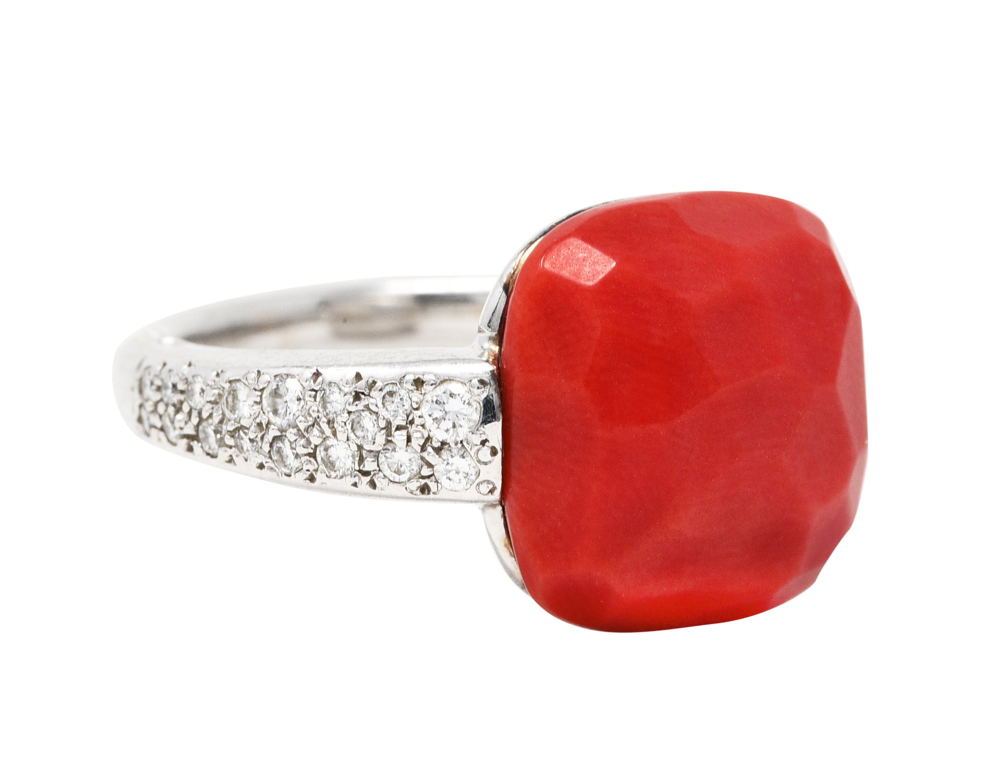 Pomellato Italian Coral Pave Diamond 18 Karat White Gold Capri Gemstone Ring Wilson's Estate Jewelry