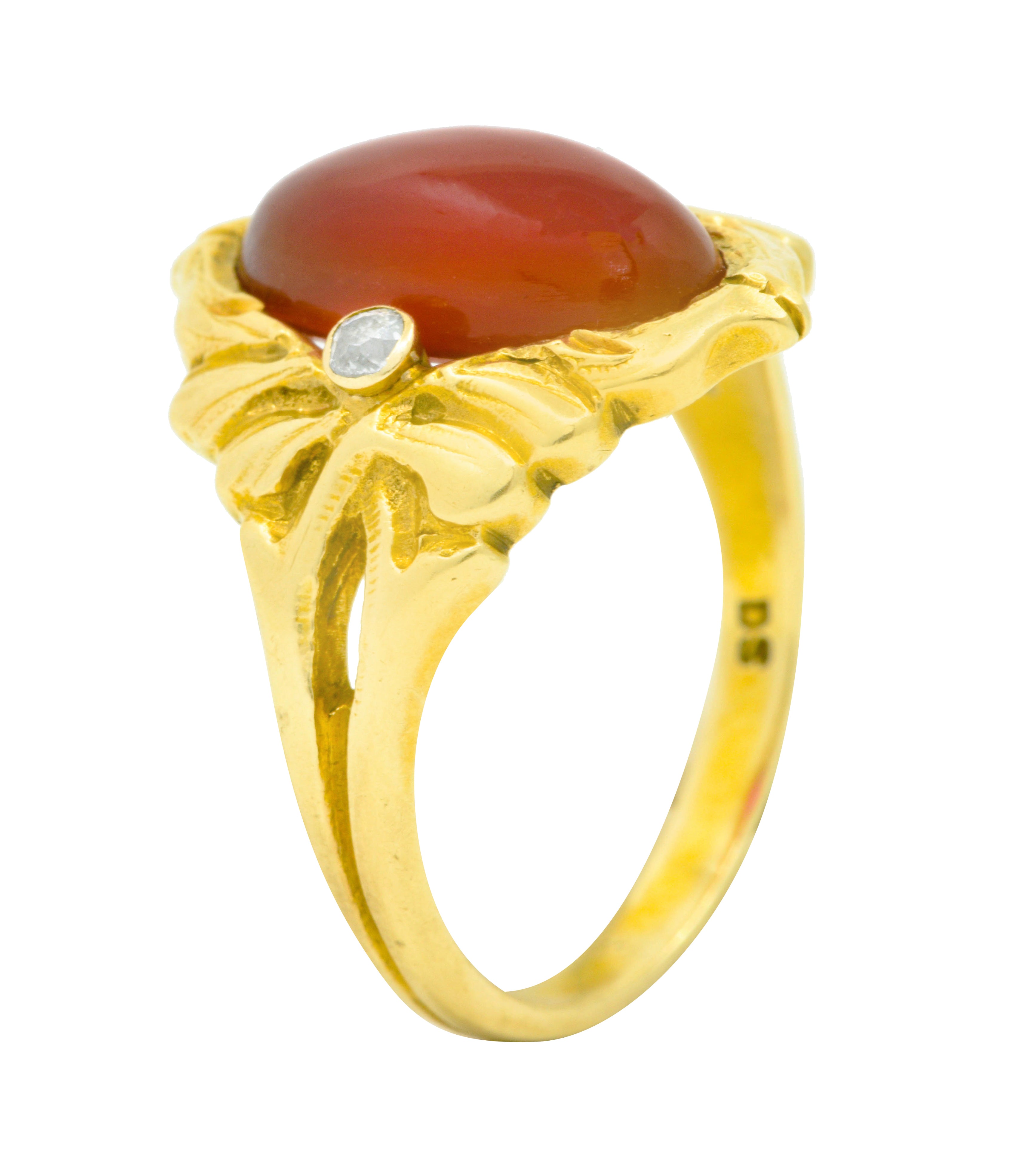 Art Nouveau Carnelian Diamond 14 Karat Gold Foliate Whiplash RingRing - Wilson's Estate Jewelry