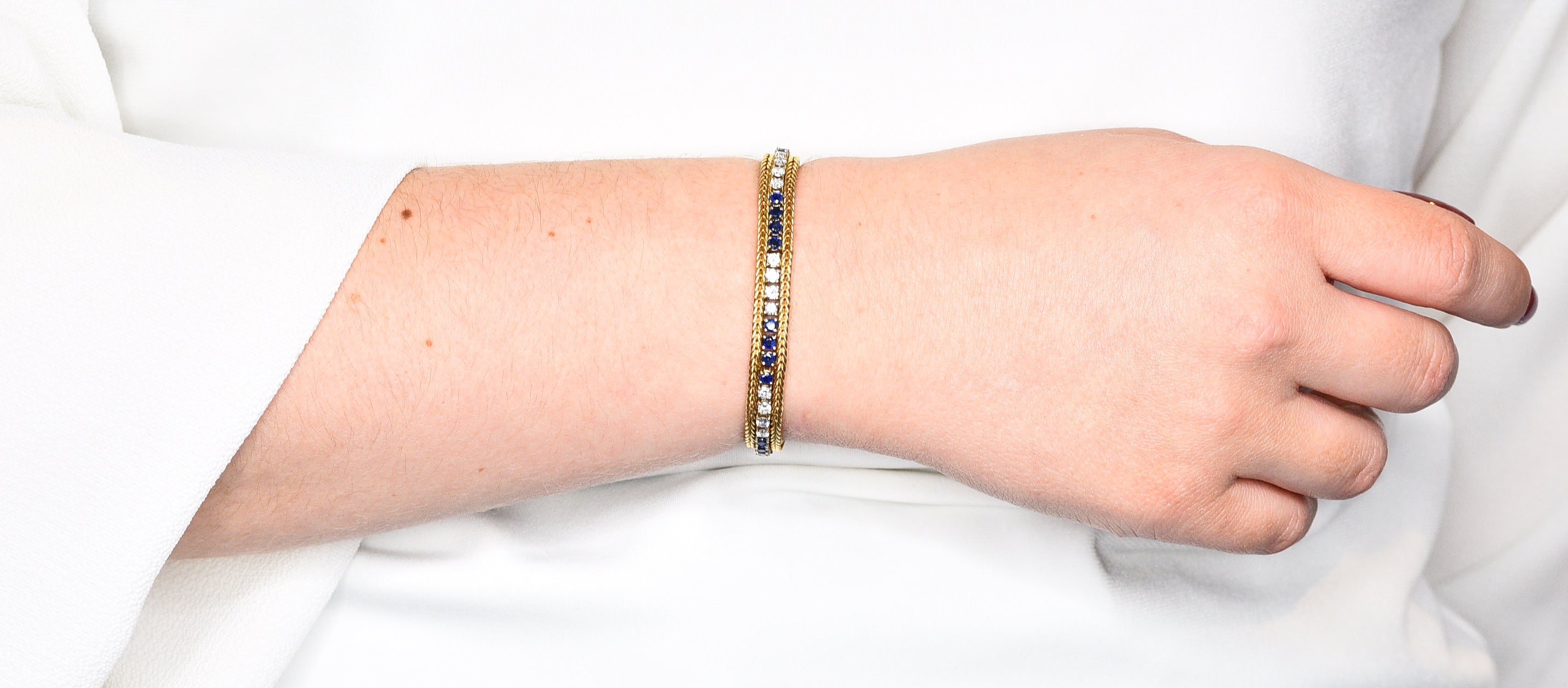 Vintage 5.00 CTW Diamond Sapphire 18 Karat Two-Tone Gold Wheat Line Braceletbracelet - Wilson's Estate Jewelry