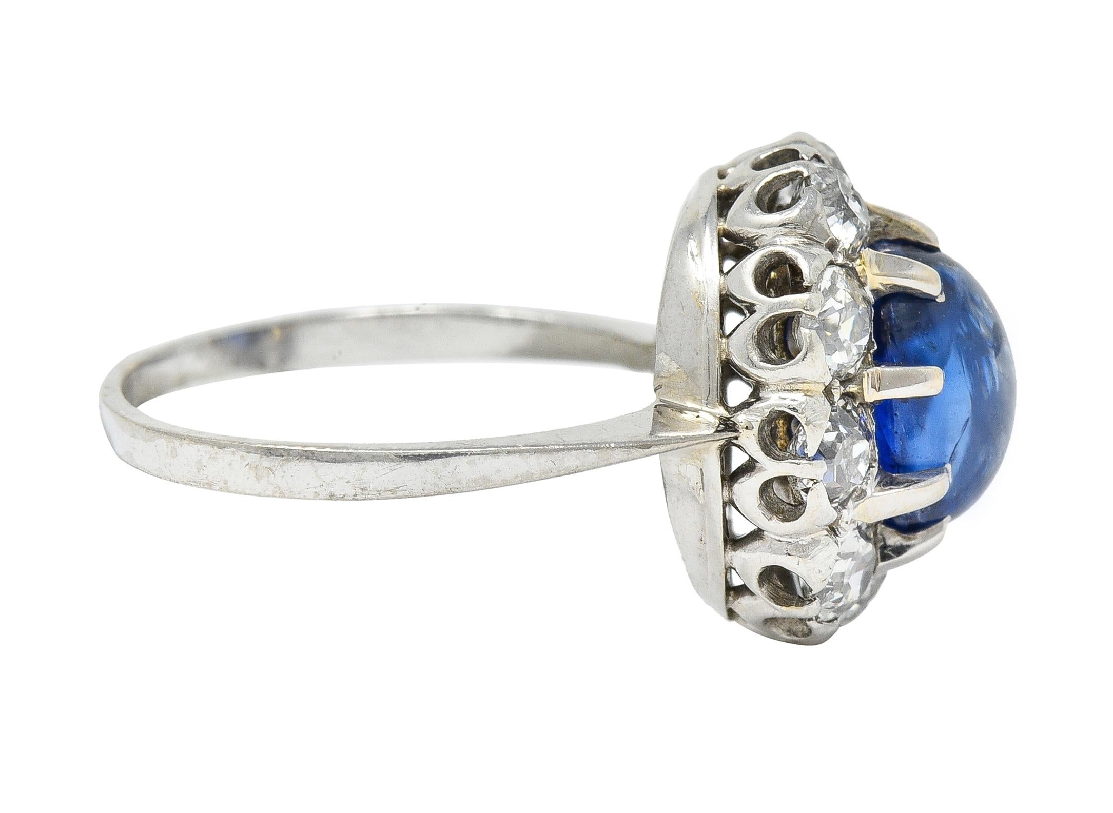 Art Deco 3.52 CTW Sapphire Cabochon Diamond 18 Karat White Gold Halo Ring