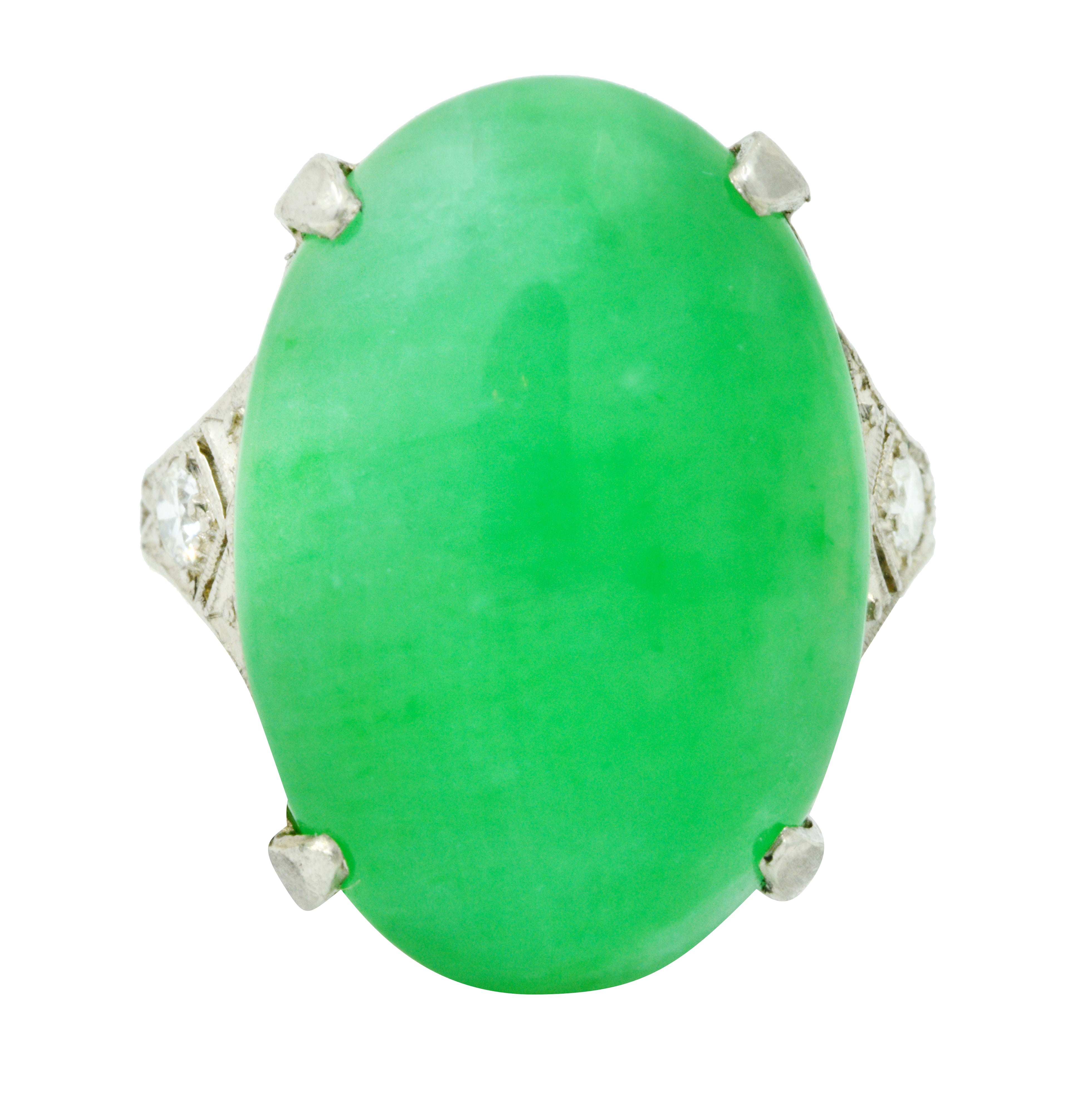 1930's Art Deco Jadeite Jade Diamond Platinum Cabochon Ring GIARing - Wilson's Estate Jewelry