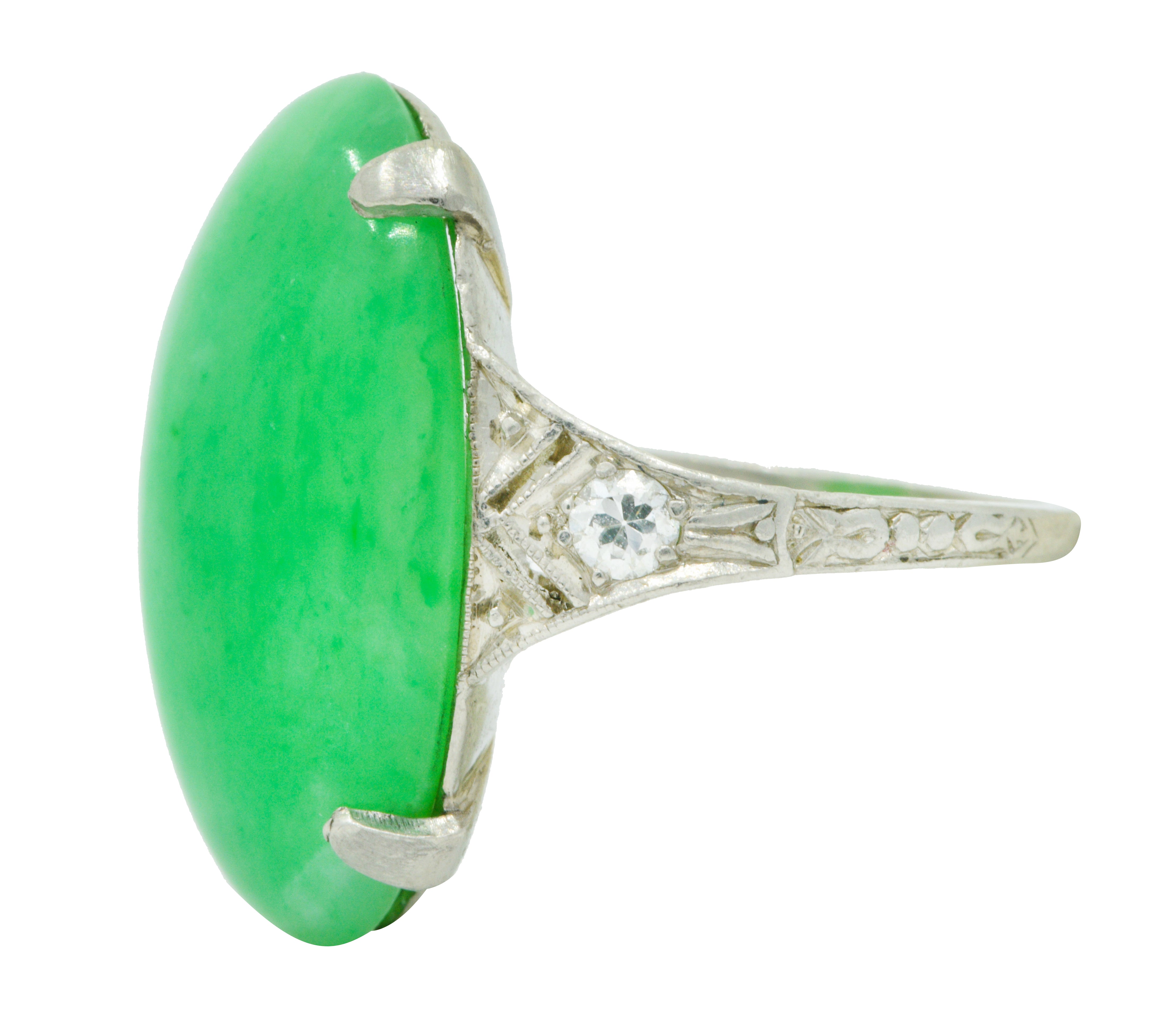 1930's Art Deco Jadeite Jade Diamond Platinum Cabochon Ring GIARing - Wilson's Estate Jewelry