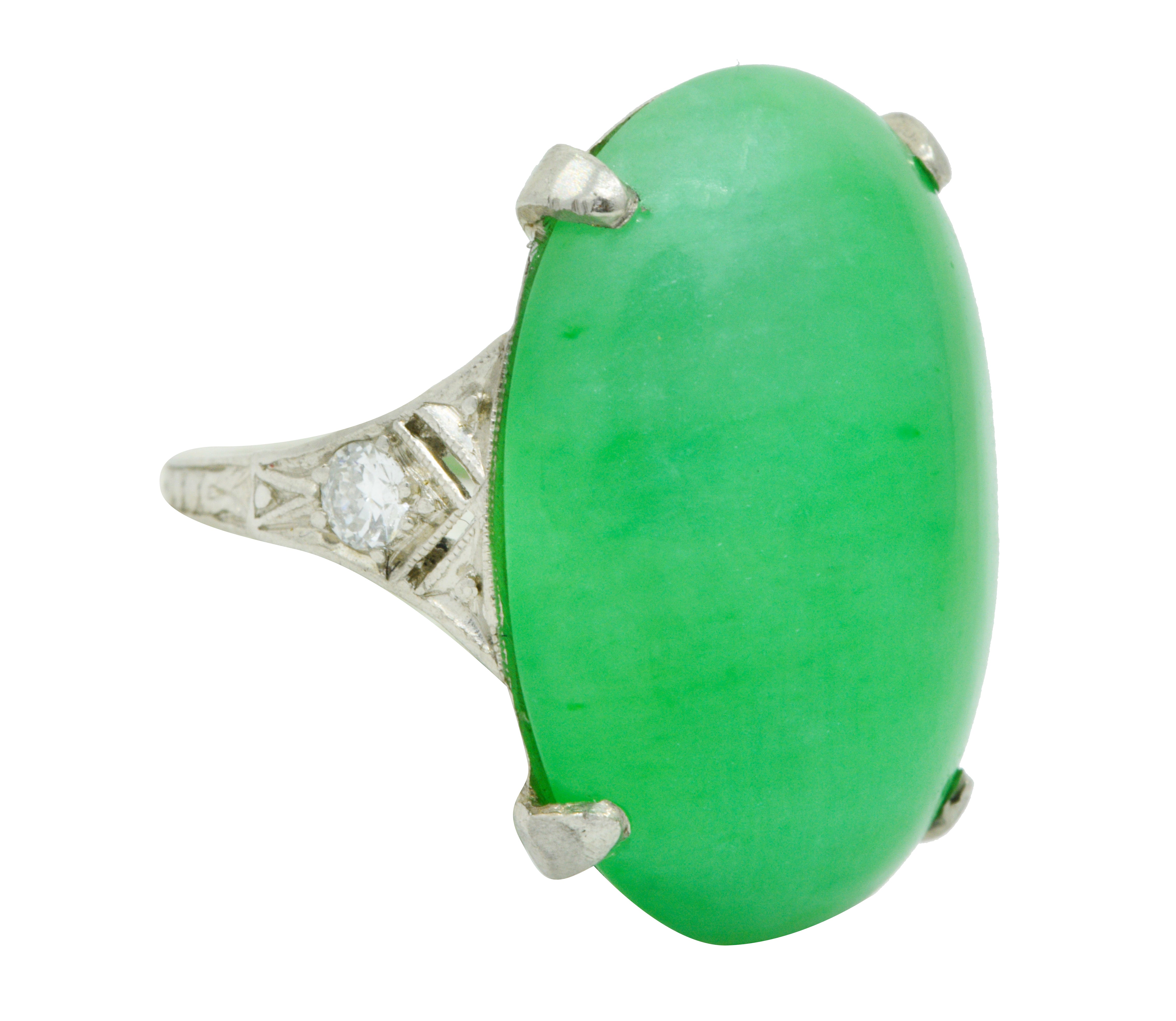 1930's Art Deco Jadeite Jade Diamond Platinum Cabochon Ring GIARing - Wilson's Estate Jewelry