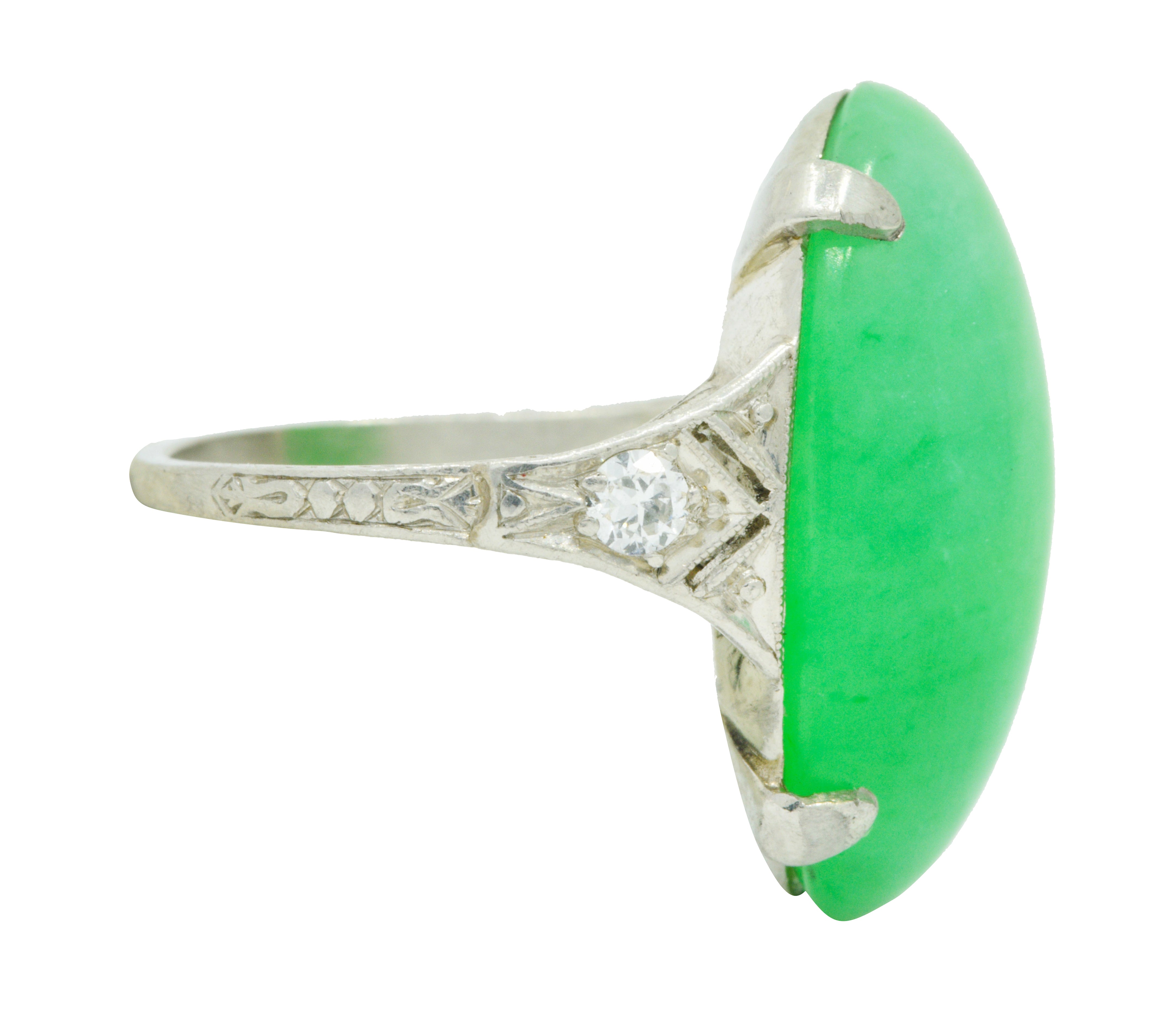 1930's Art Deco Jadeite Jade Diamond Platinum Cabochon Ring GIARing - Wilson's Estate Jewelry