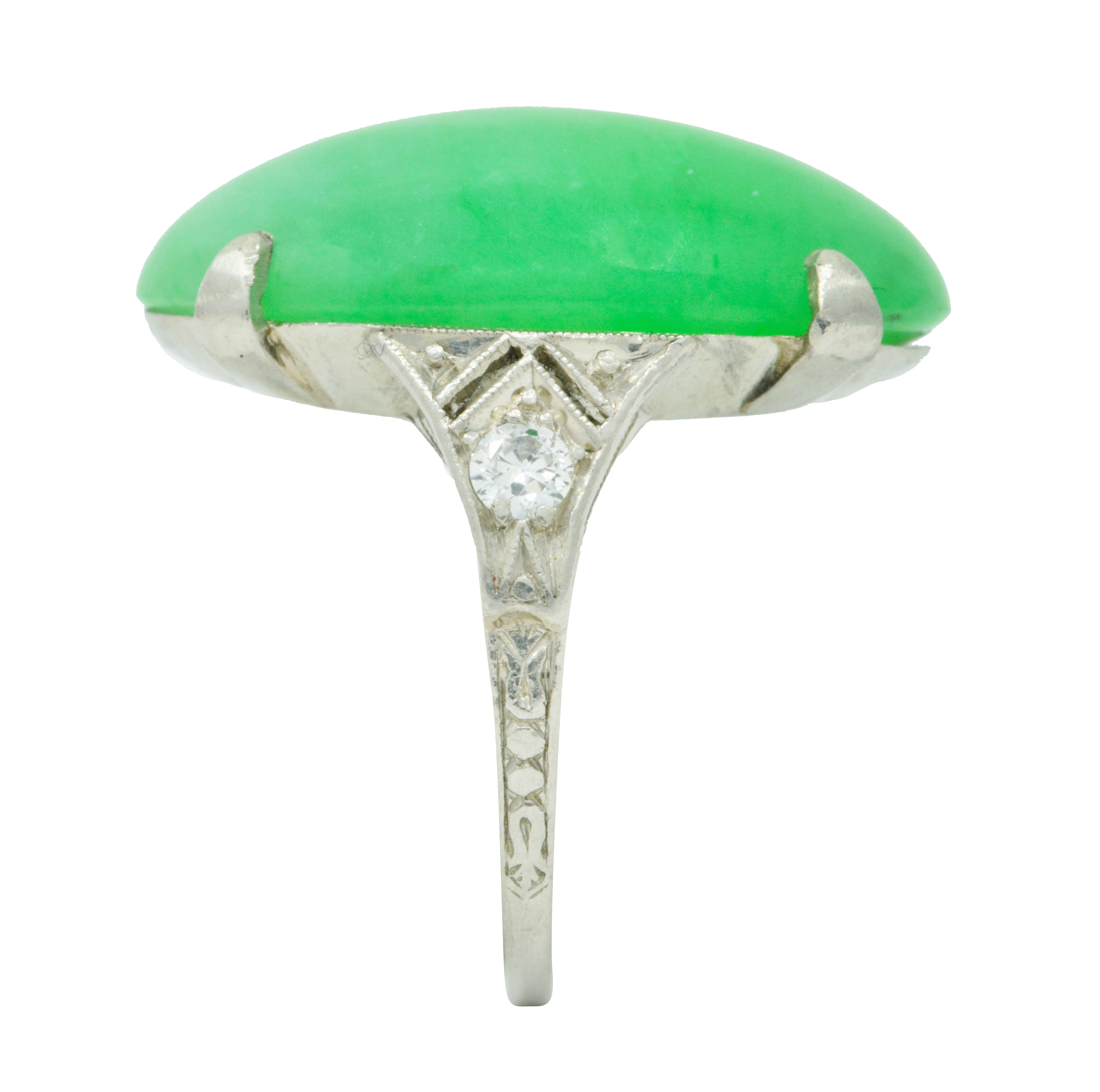 1930's Art Deco Jadeite Jade Diamond Platinum Cabochon Ring GIARing - Wilson's Estate Jewelry