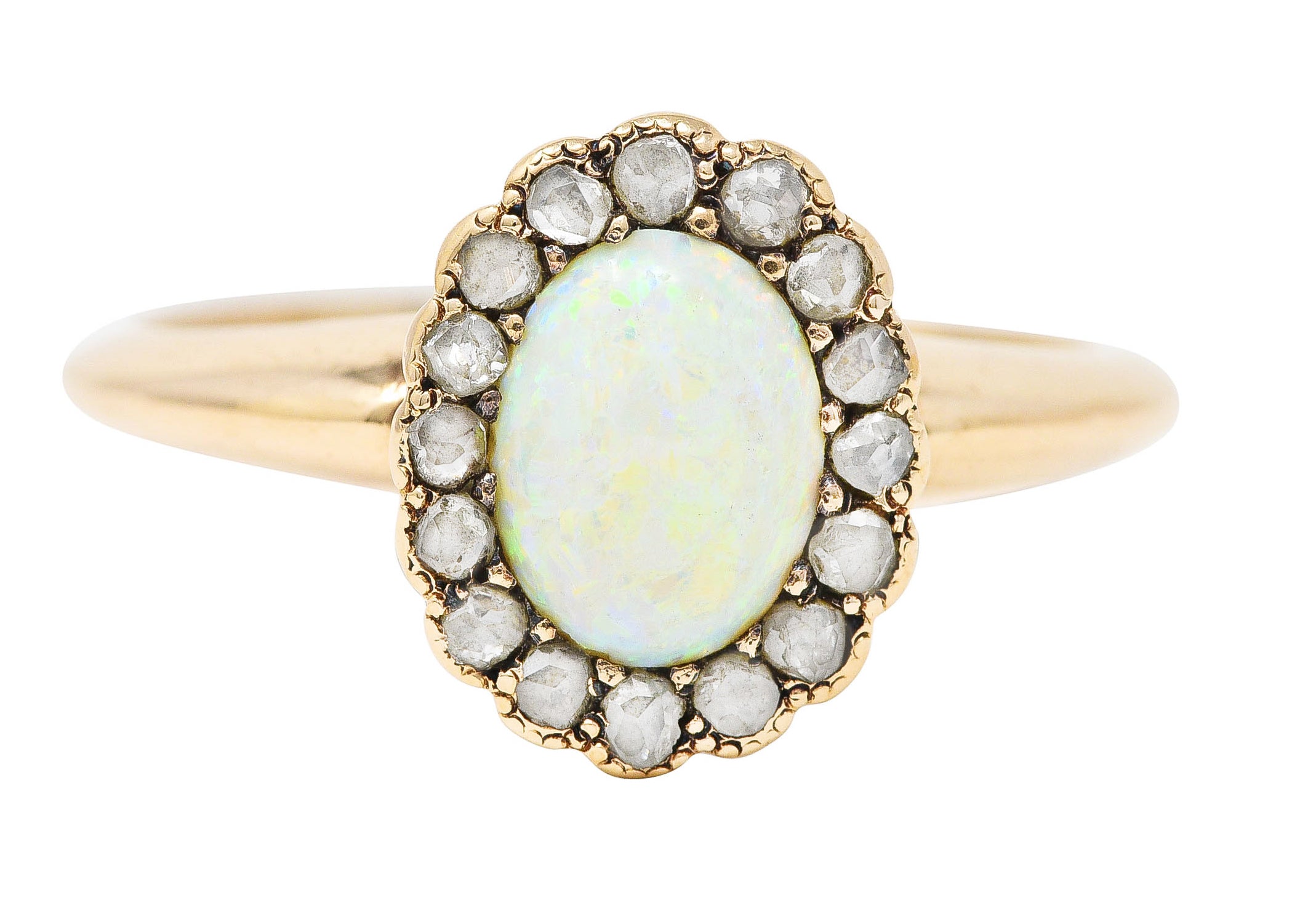 Allsopp-Steller Victorian Opal Diamond 14 Karat Yellow Gold Antique Halo Ring Wilson's Estate Jewelry