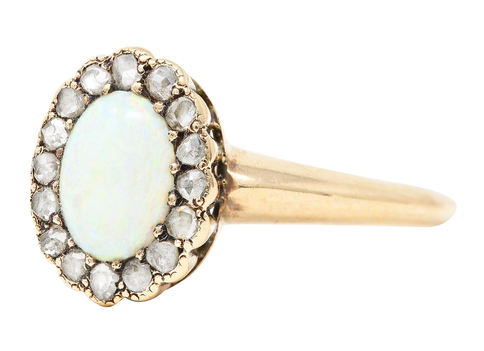 Allsopp-Steller Victorian Opal Diamond 14 Karat Yellow Gold Antique Halo Ring Wilson's Estate Jewelry