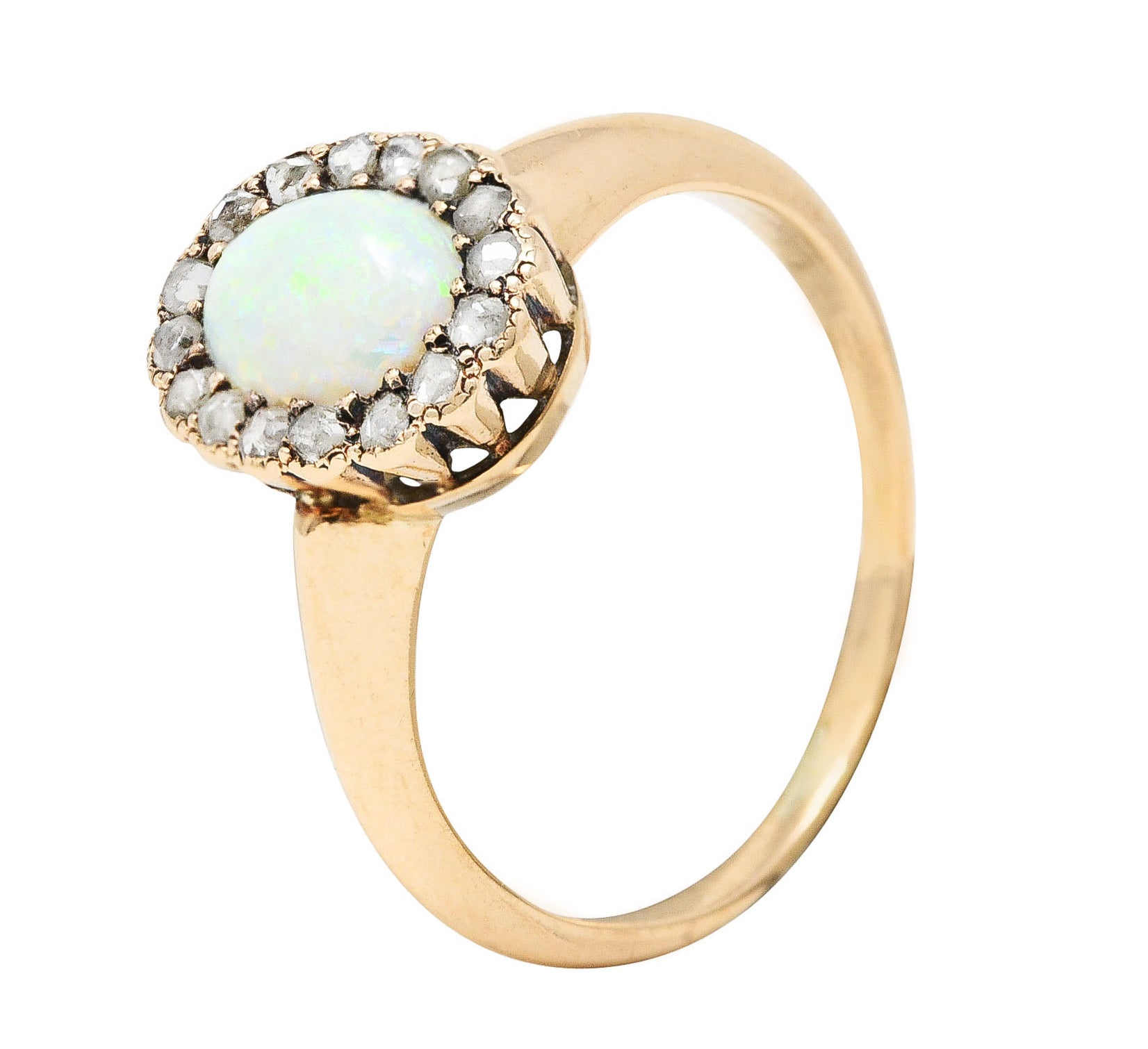 Allsopp-Steller Victorian Opal Diamond 14 Karat Yellow Gold Antique Halo Ring Wilson's Estate Jewelry