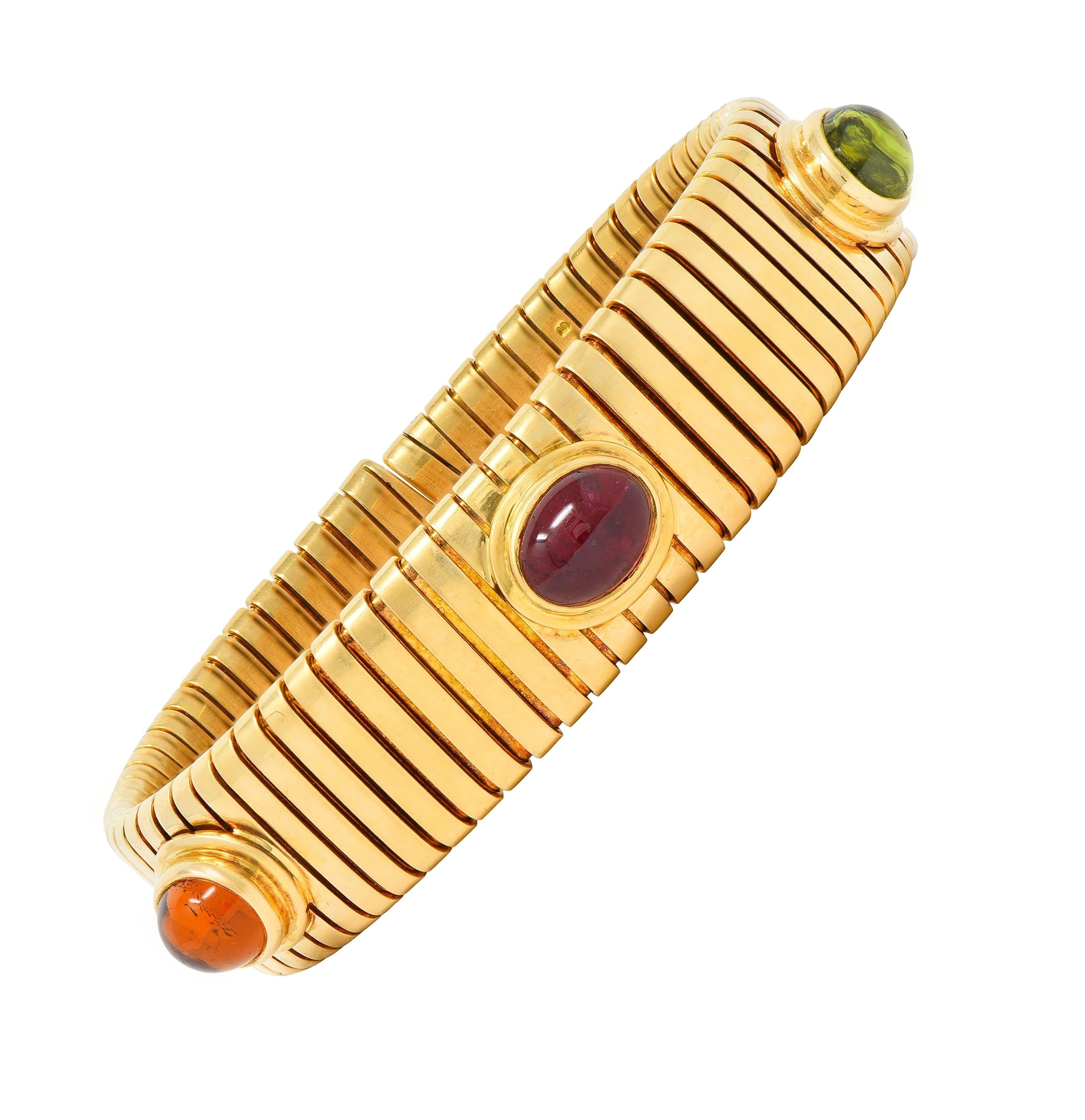 Bulgari 1980s Multi-Gem 18 Karat Yellow Gold Tubogas Vintage Cuff Bracelet