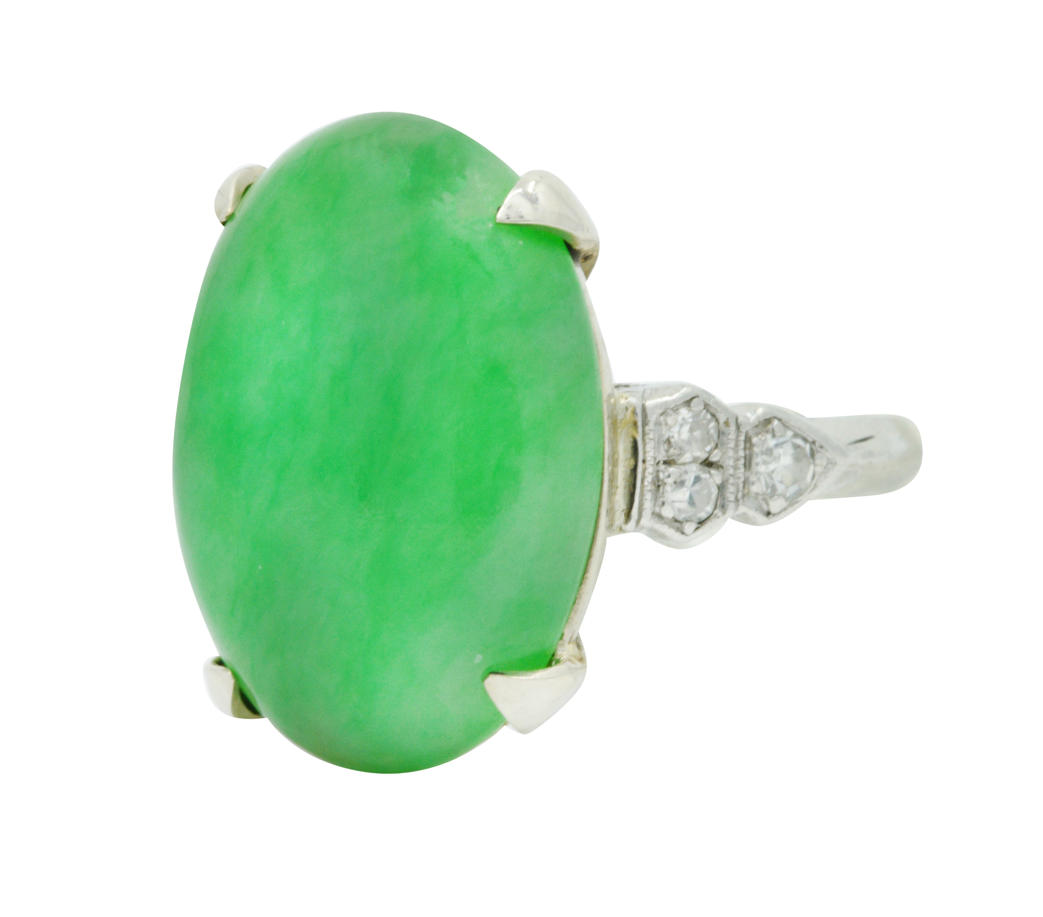 Art Deco Jadeite Jade Diamond Platinum Cabochon Ring GIARing - Wilson's Estate Jewelry