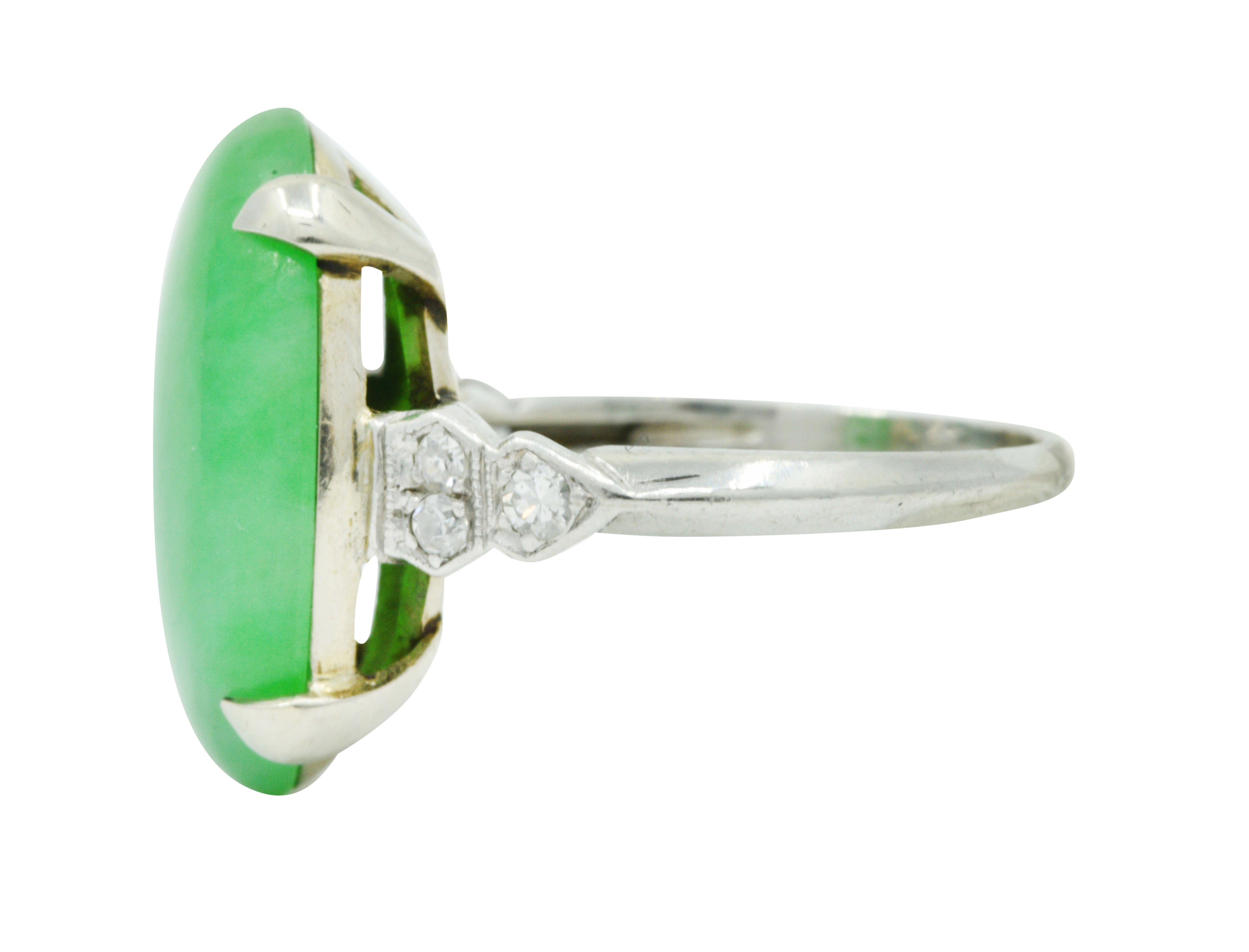 Art Deco Jadeite Jade Diamond Platinum Cabochon Ring GIARing - Wilson's Estate Jewelry