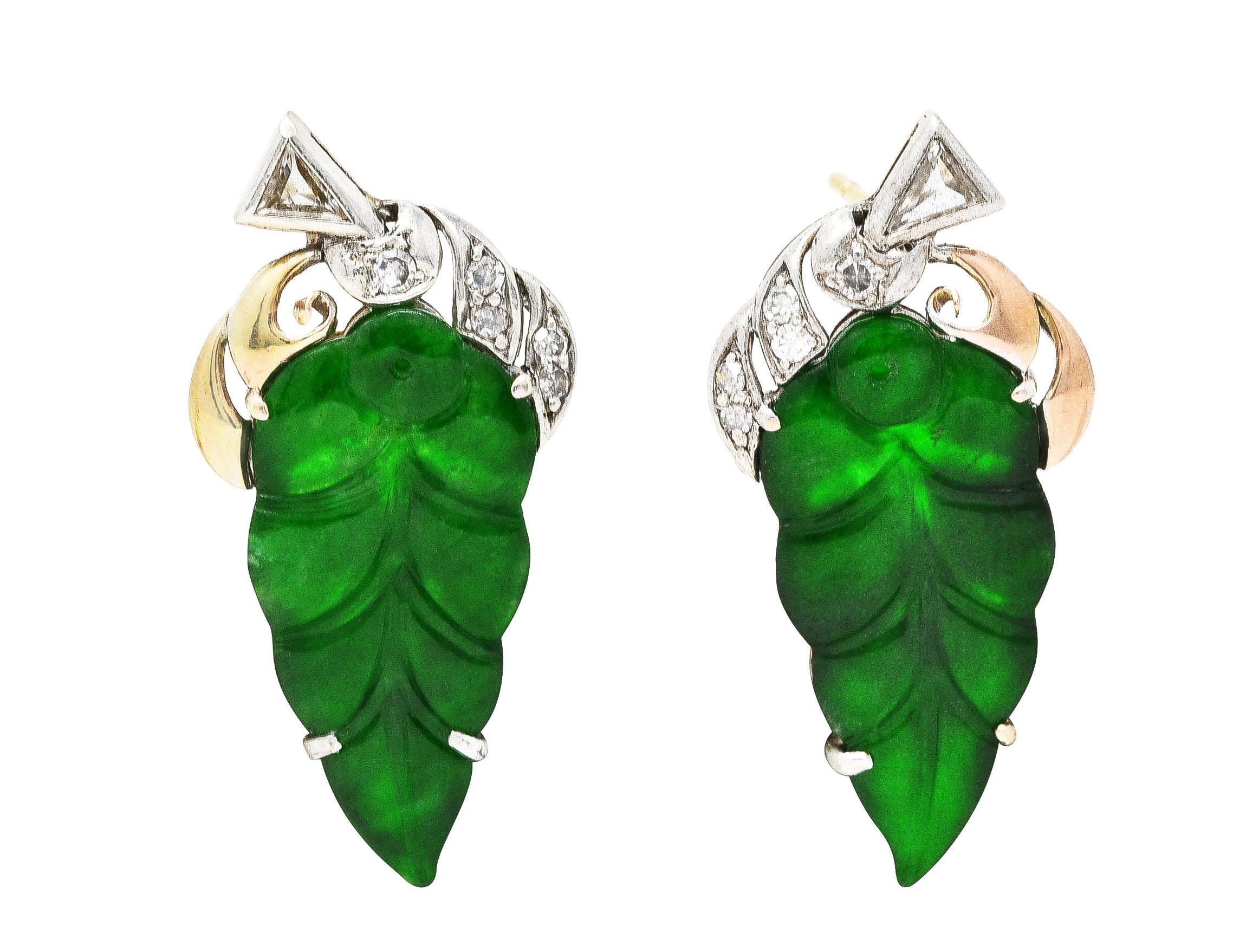 Retro Carved Jade Diamond 14 Karat Two-Tone Gold Vintage Leaf Stud Earrings Wilson's Estate Jewelry