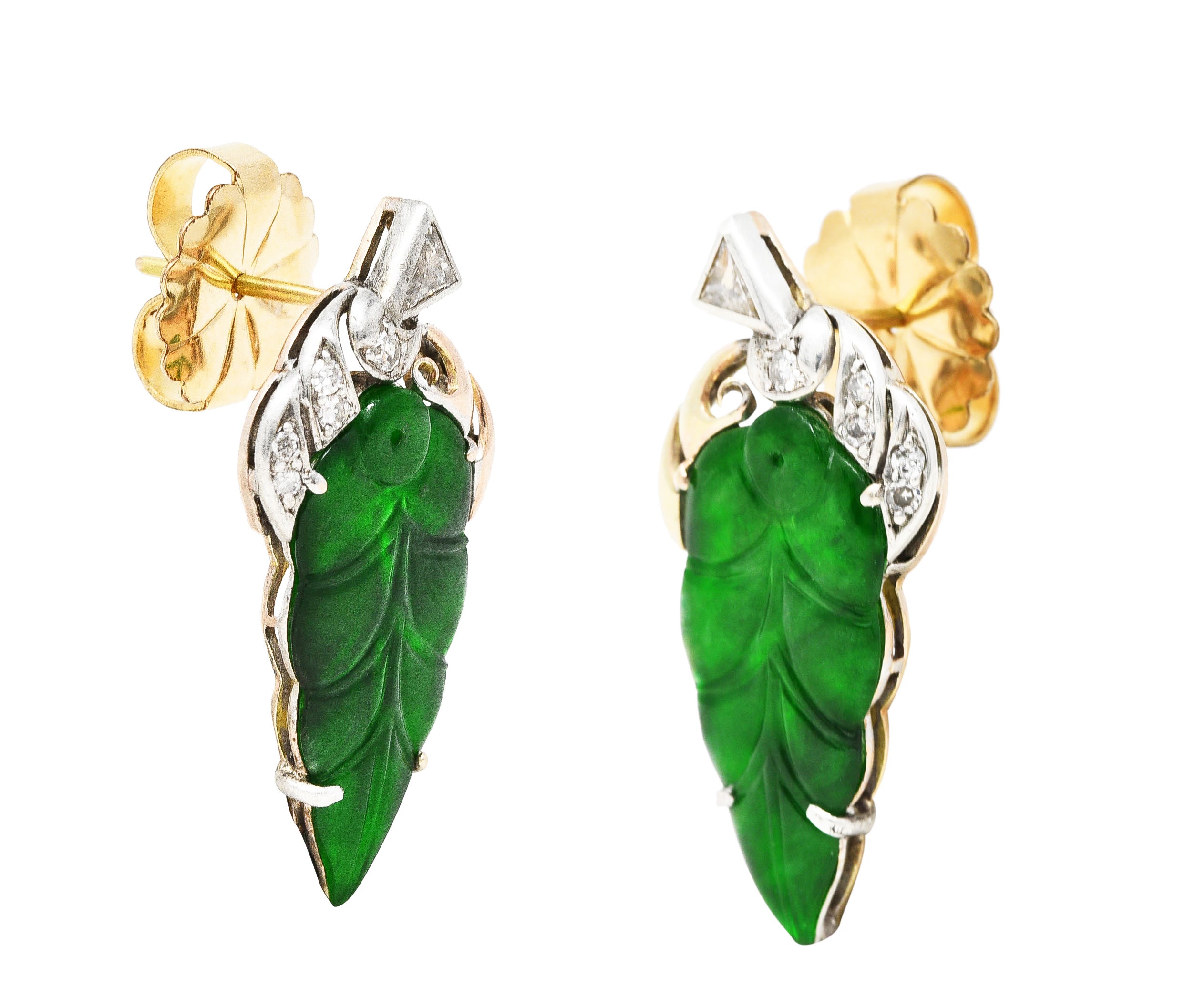 Retro Carved Jade Diamond 14 Karat Two-Tone Gold Vintage Leaf Stud Earrings Wilson's Estate Jewelry