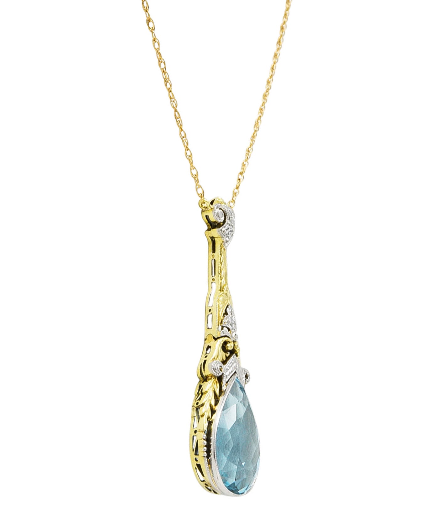 Art Deco Aquamarine Diamond Platinum 14 Karat Yellow Gold Pendant Station Necklace Wilson's Estate Jewelry