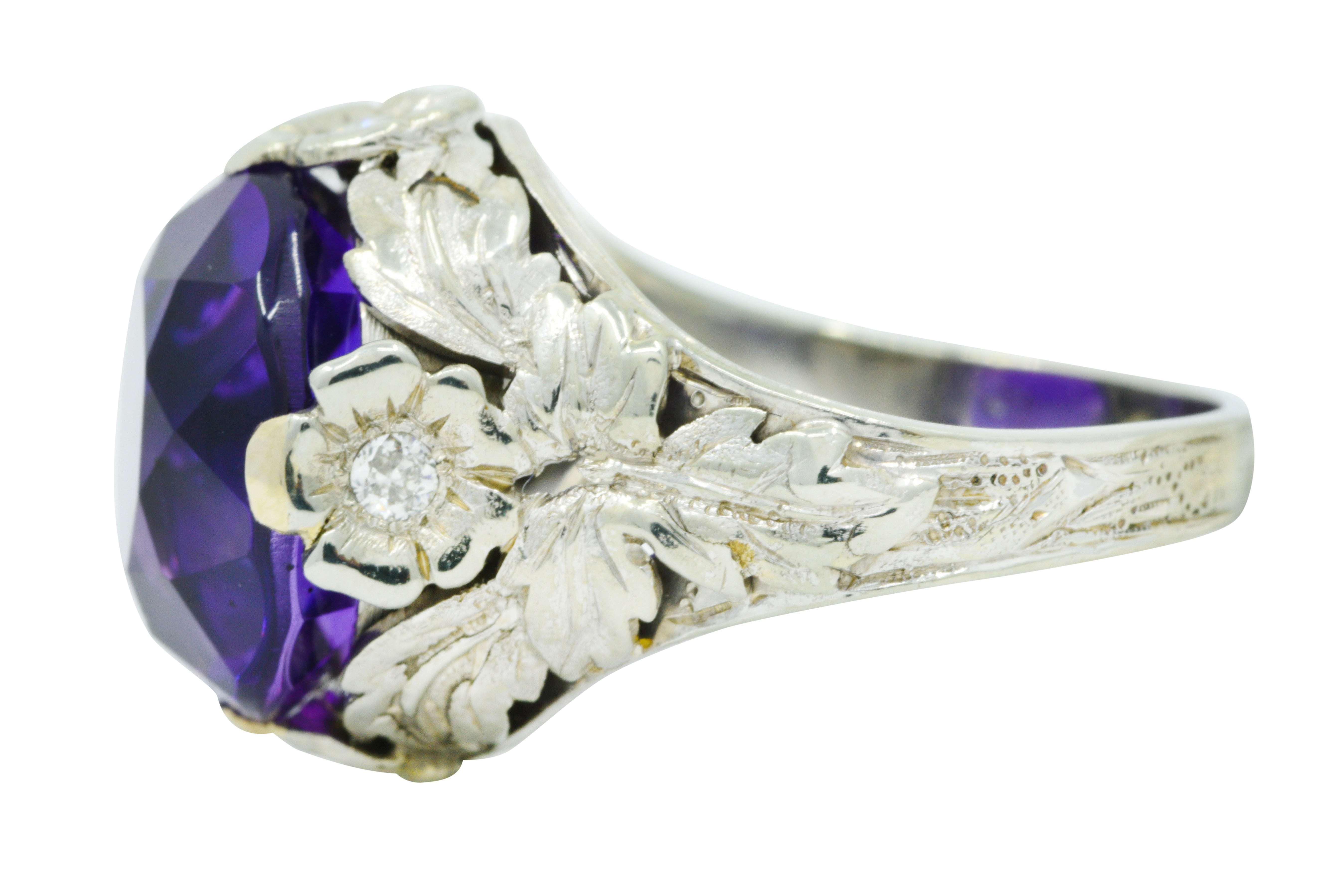 Edwardian Amethyst Diamond 18 Karat White Gold Floral Cocktail RingRing - Wilson's Estate Jewelry