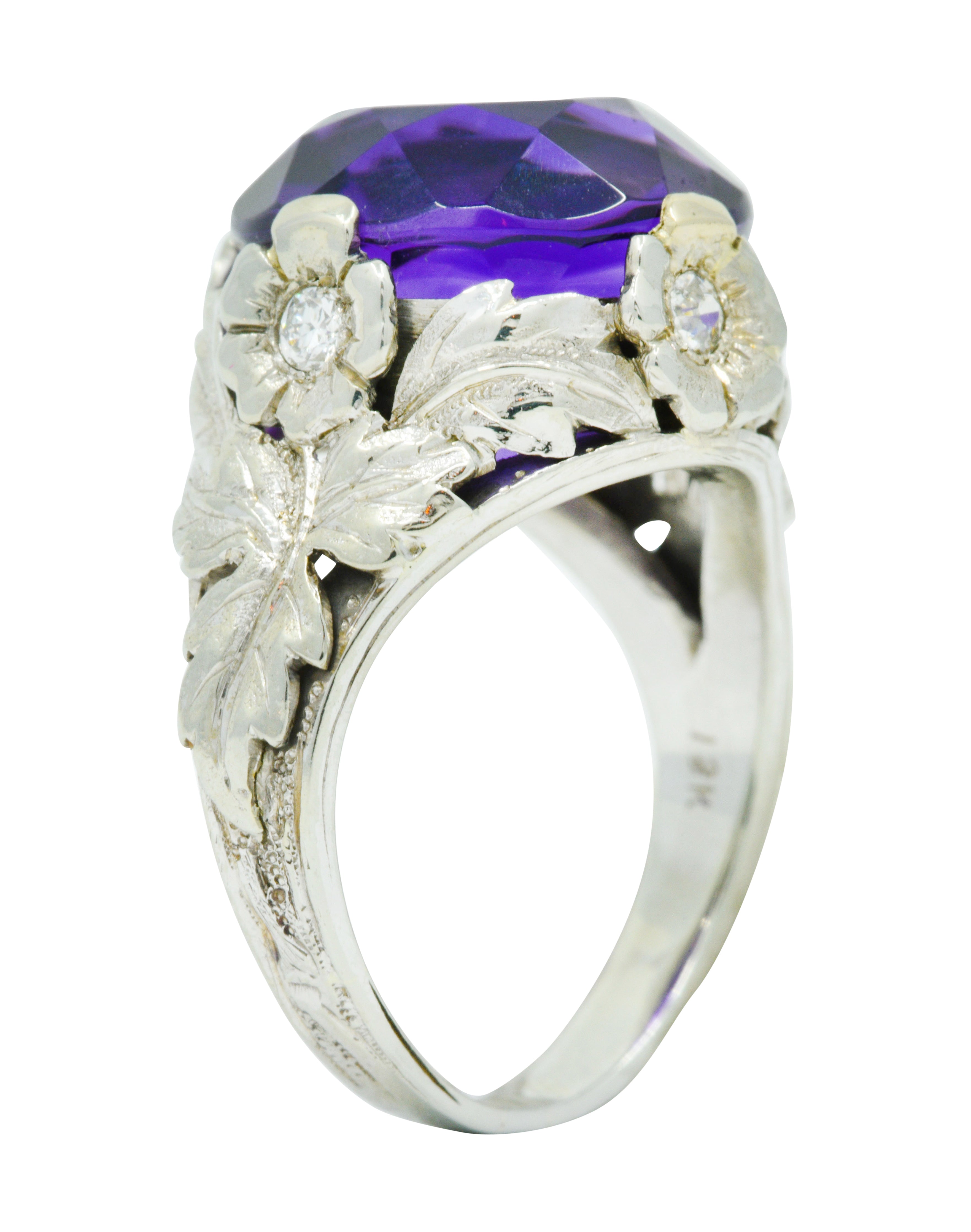 Edwardian Amethyst Diamond 18 Karat White Gold Floral Cocktail RingRing - Wilson's Estate Jewelry