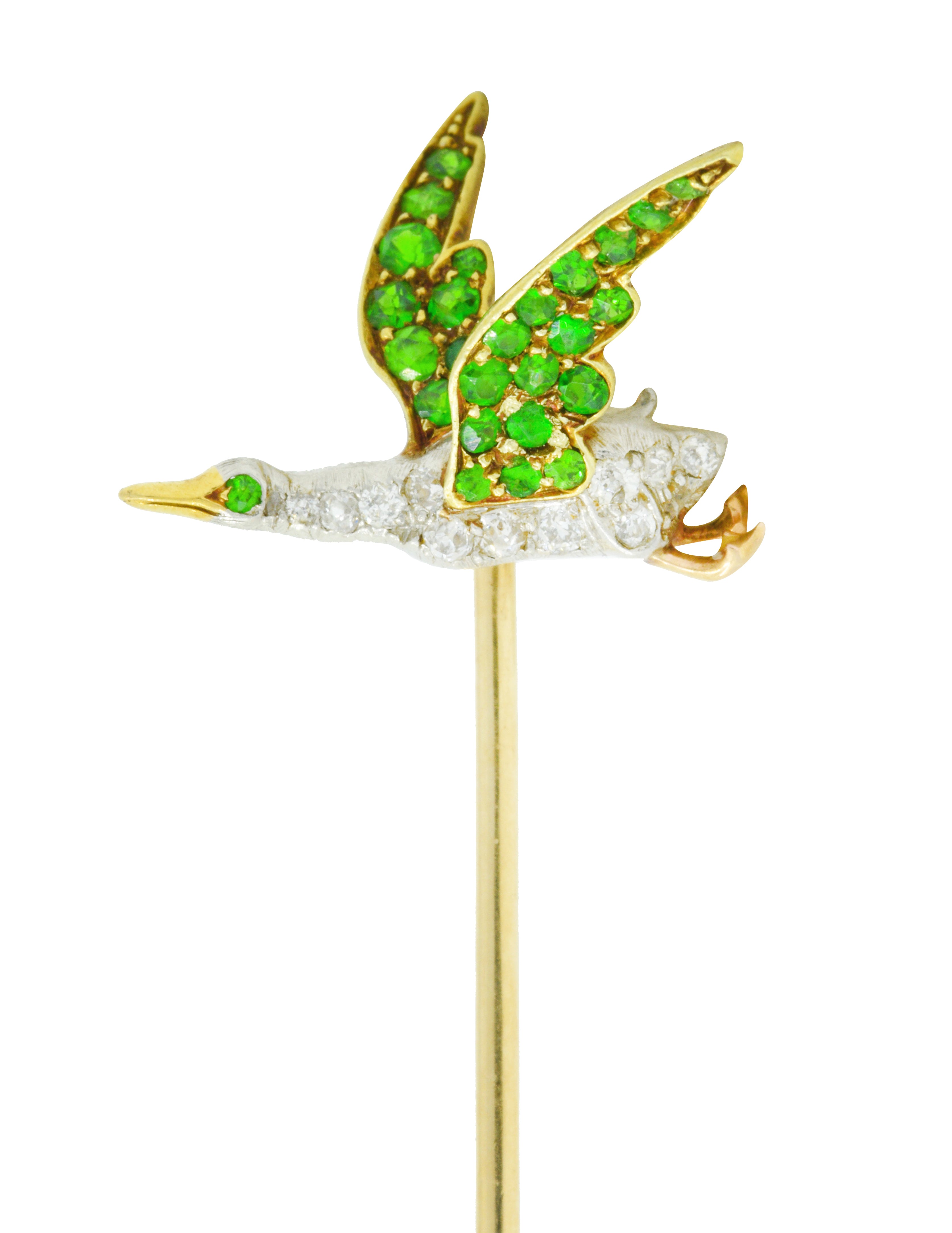 Edwardian Diamond Demantoid Garnet Platinum-Topped 18 Karat Gold Goose StickpinStick Pin - Wilson's Estate Jewelry