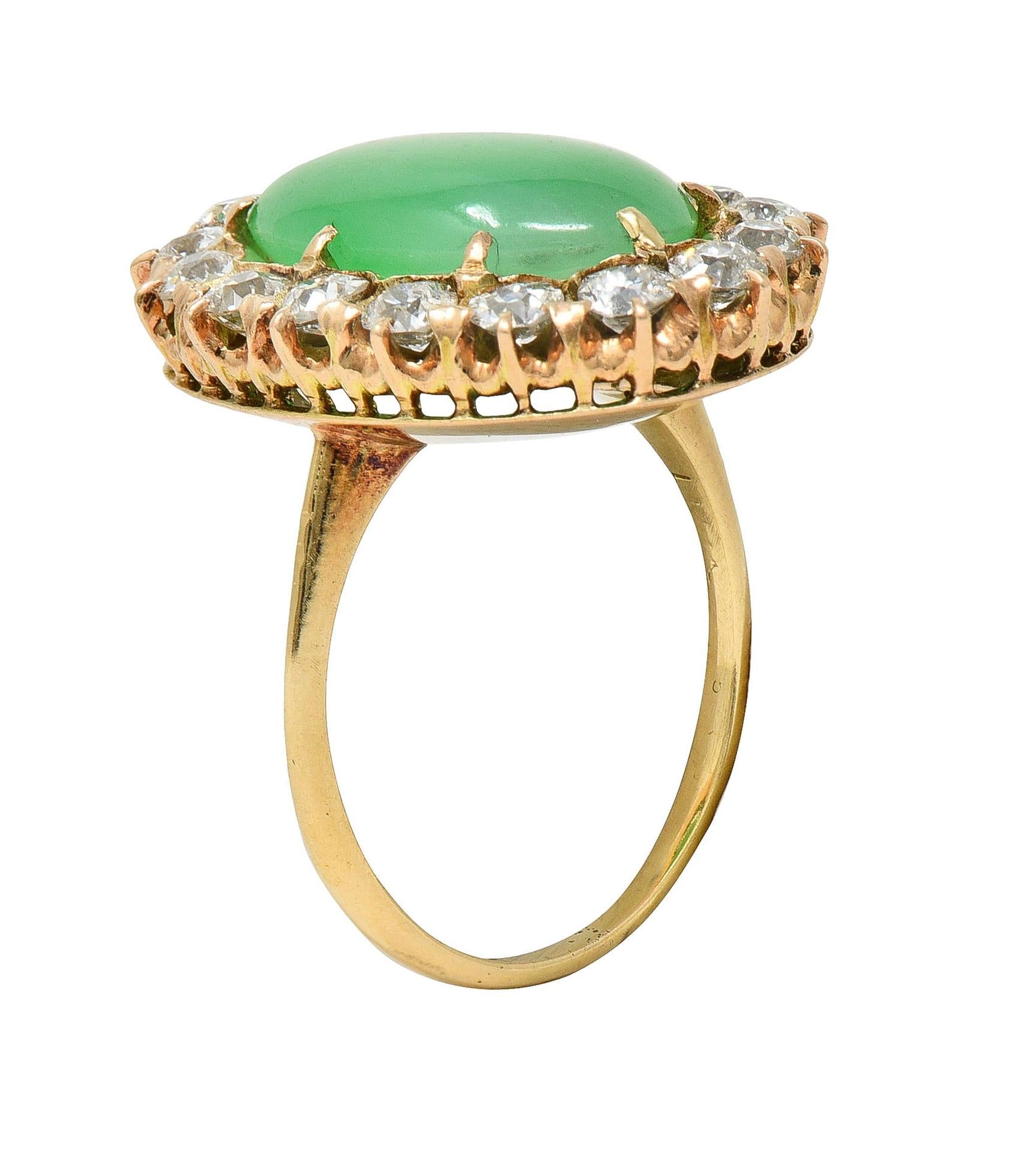 Antique Jadeite Jade 1.60 CTW Diamond 14 Karat Yellow Gold Halo Ring GIA