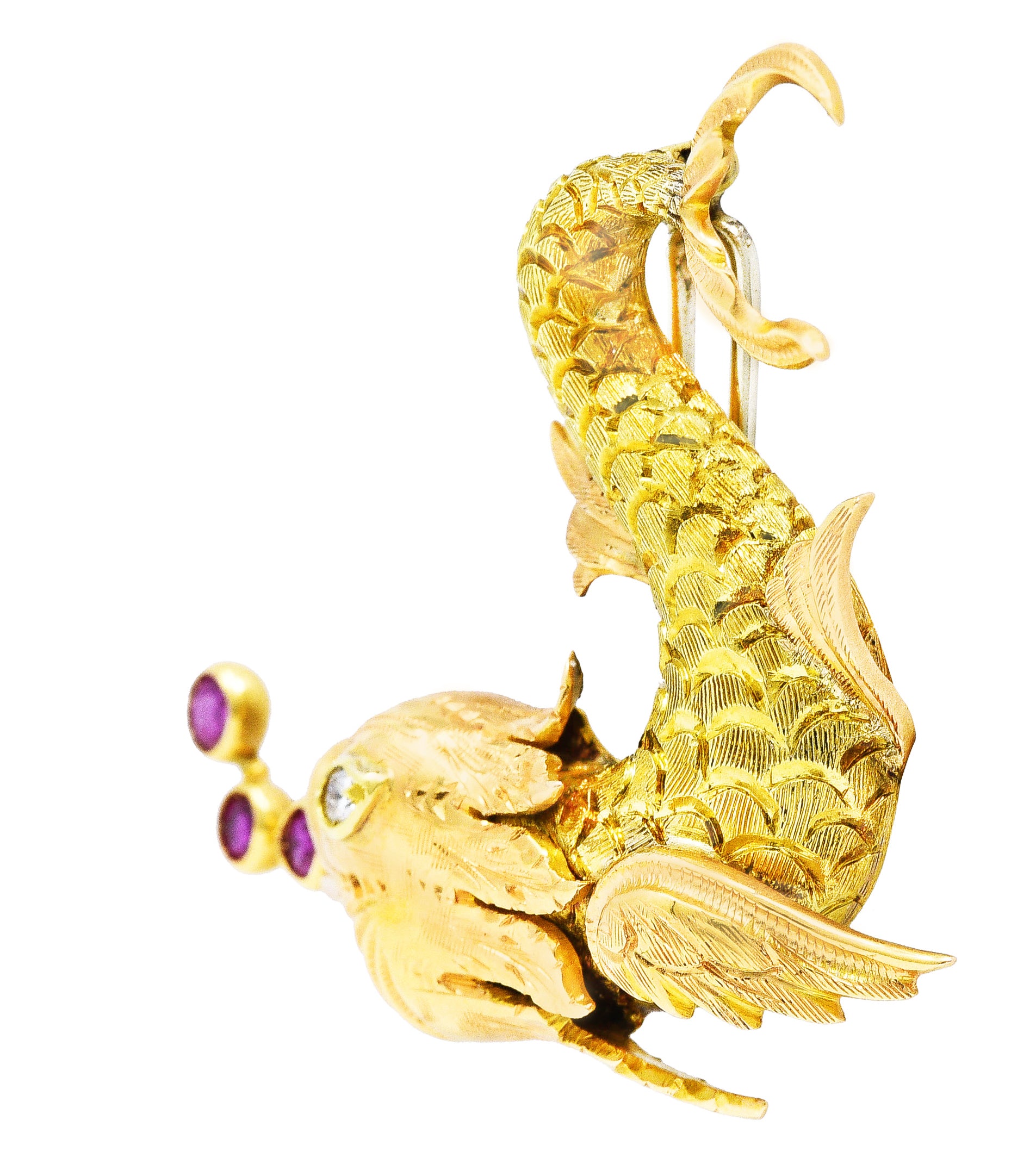 Giulio Nardi 1950's 0.42 CTW Diamond Ruby 18 Karat Two-Tone Vintage Fish Brooch Wilson's Estate Jewelry