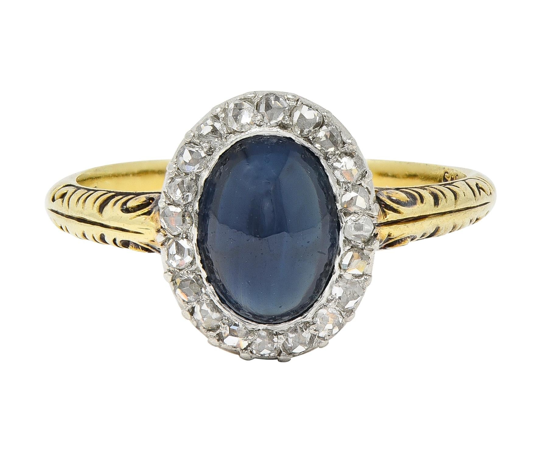 Edwardian 2.42 CTW Sapphire Cabochon Diamond Platinum 14 Karat Gold Halo Ring